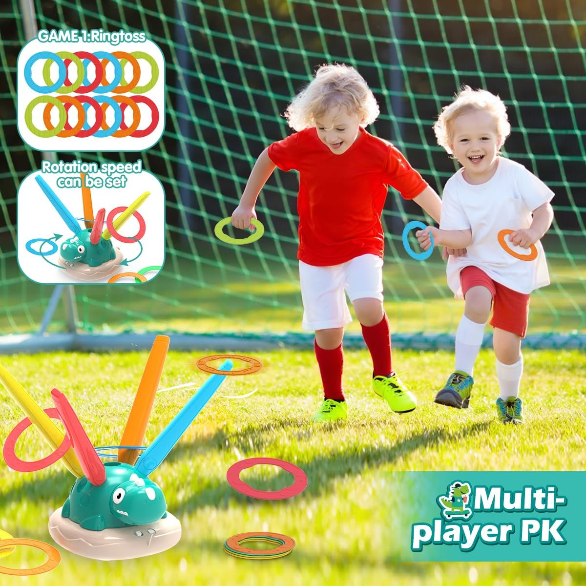 Kaekid Indoor Outdoor Toy for Kids, 3-In-1 Dinosaur Rocket Launcher, Ring Toss & Musical Jumping Toy for Kids Aged 3-8, Kids Toys with Remote Control & Storage Bag