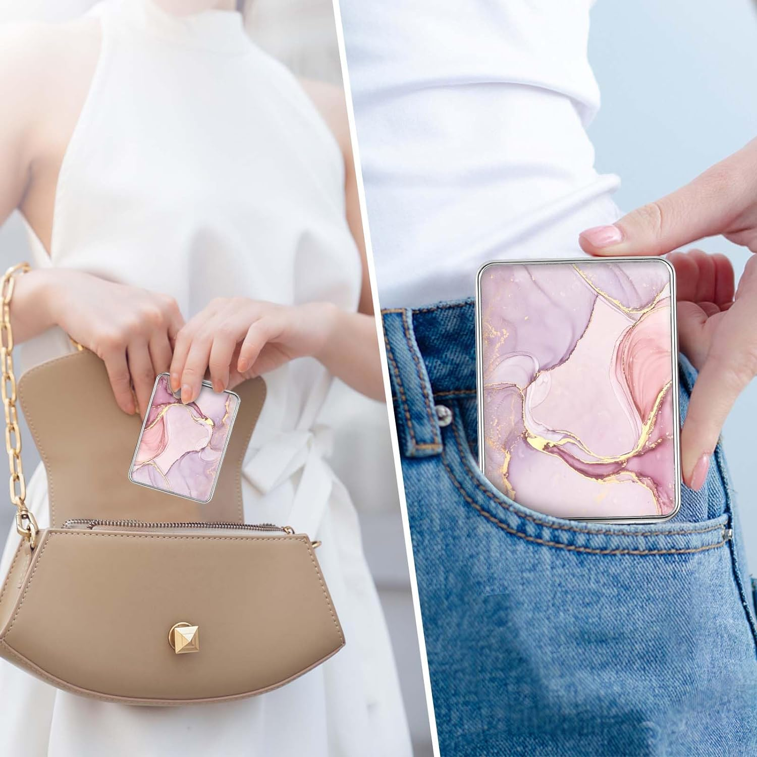 Dcdcee Pocket Mirror, Small Travel Mirror with Magnification, Portable Double-Sided Magnifying Cosmetic Mirror for Daily (Pink Marble) - 2 Flowers image number 3