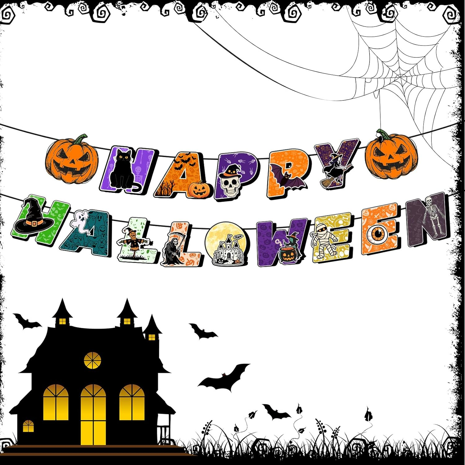 Halloween Party Decoration Banner Set, Glitter Pumpkin Garland and Happy Halloween Letter Banner, Indoor Wall Decor (Colorful One)