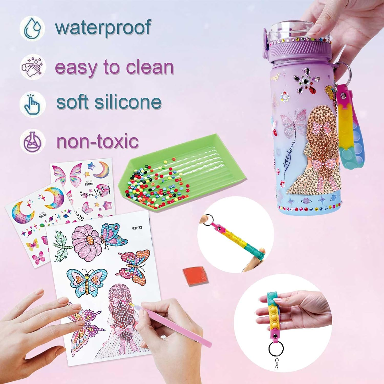 Decorate Your Own Water Bottle Kits for Girls Age 4-13, Butterfly Gem Diamond Painting Crafts, Kids Arts and Crafts Girls Gifts Toys for 3-12 Year Old Girls Birthday Gifts (Butterfly 600Ml) image number 1
