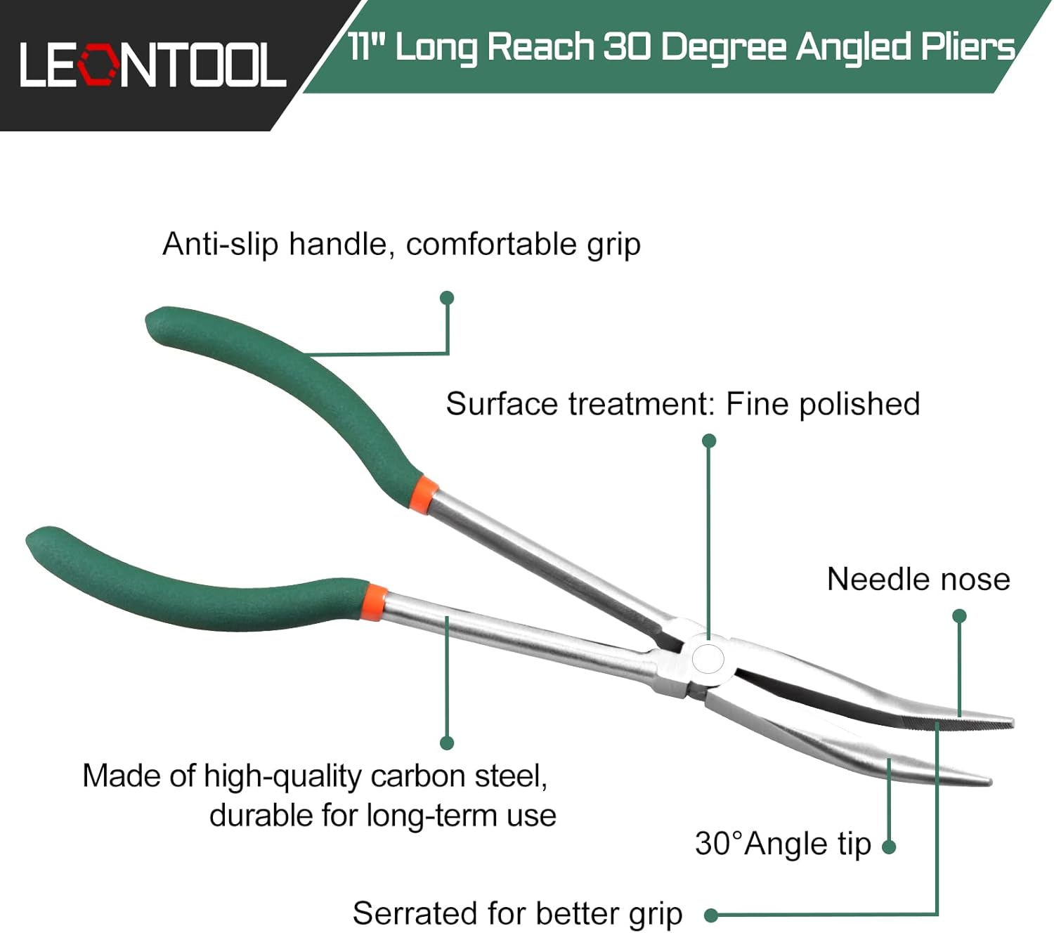 11 Inch Bent Nose Pliers 30 Degree Long Reach Pliers with Serrated Teeth Straight Extra Long for Hard-To-Reach Narrow Spaces and Limited Clearance Areas image number 4