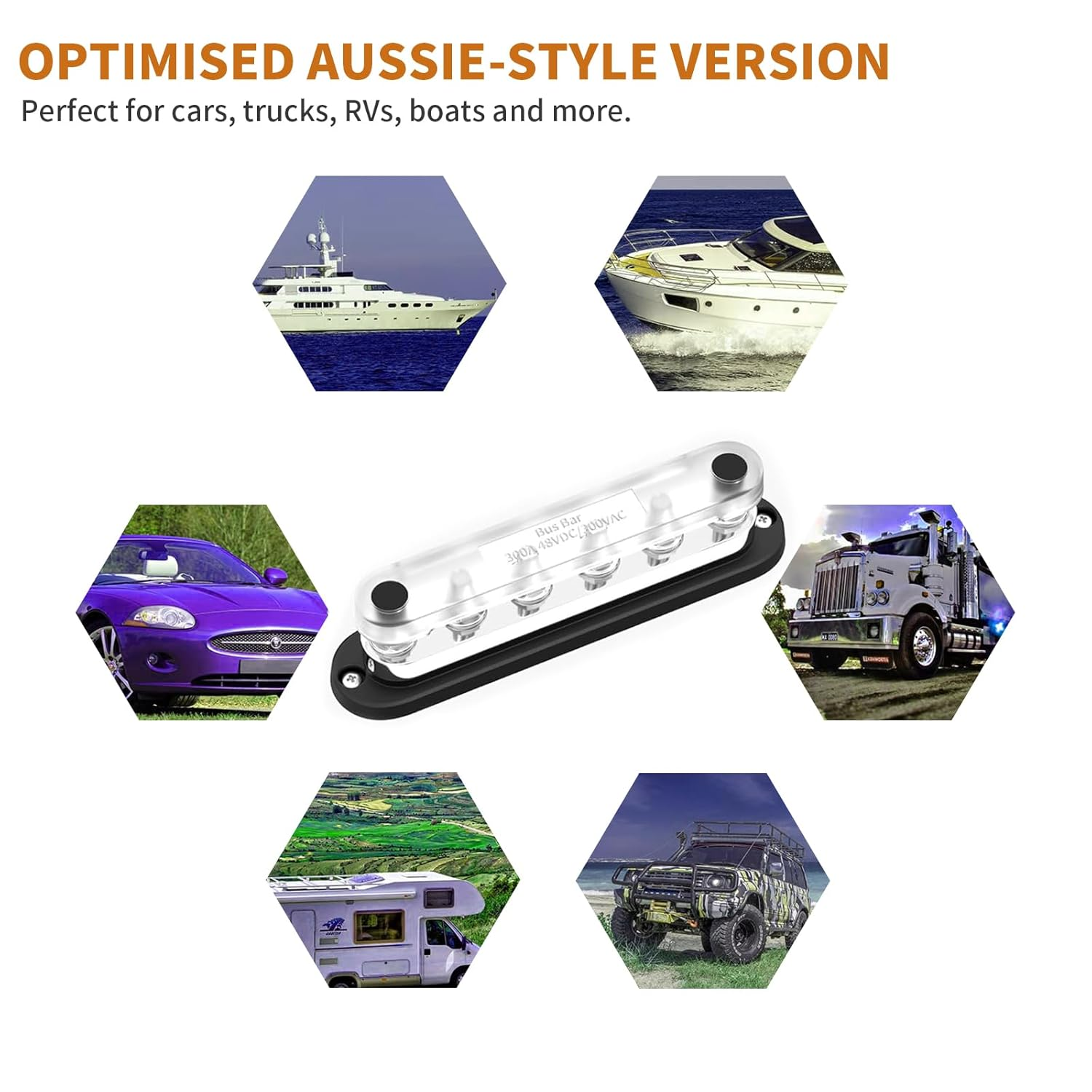 6-Way 12V 300A Bus Bar M8, Heavy-Duty Copper Power Distribution Block with Insulated Base for Car, Marine, RV and Solar Systems (Black)