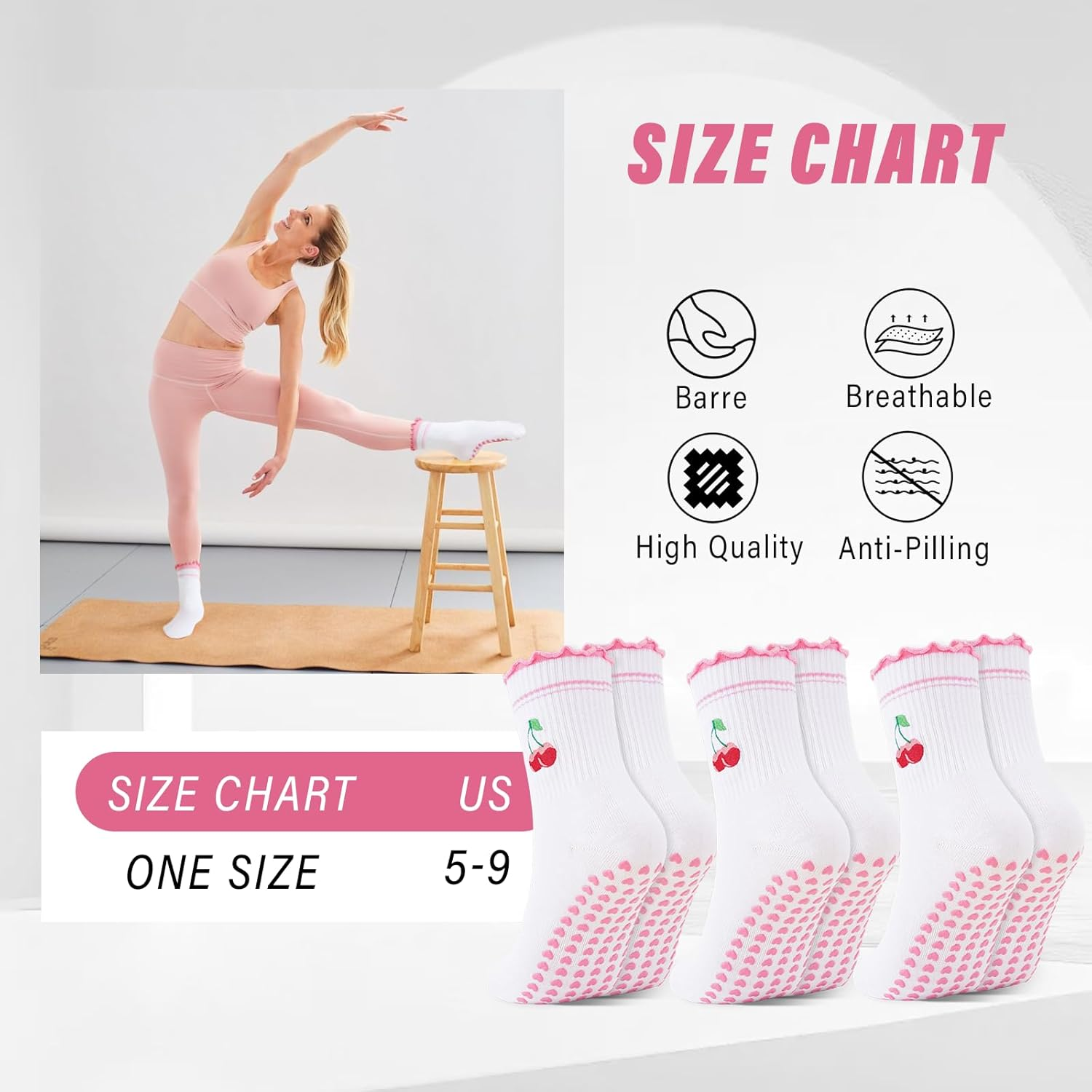 Fiohiros 3 Pairs Pilates Socks Women with Grips, Cherry Reformer Pilates Grip Socks Yoga Socks, Gym Socks for Dance, Training, Barre, Fitness, Workout - Red Lace image number 4