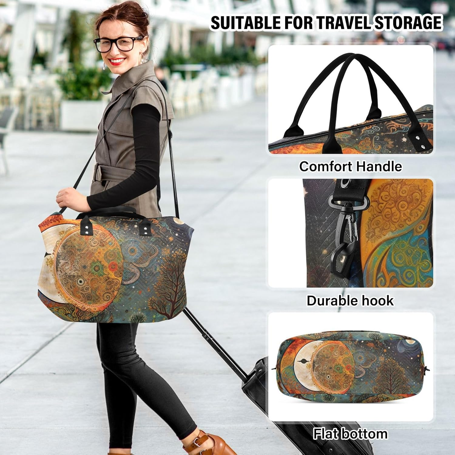 XYMZR Large Travel Duffel Bag, Sun Moon Dreamcatcher Sports Tote Gym Bag, Shoulder Weekender Overnight Bag for Women Men, Carry on Luggage with Toiletry Bags, Multi-Colored, Multi-Colored image number 2