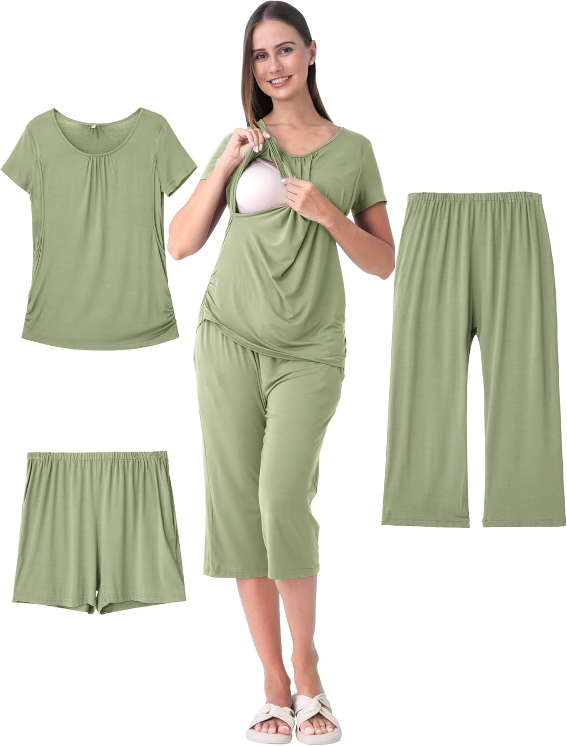 3 Piece Maternity Nursing Pajamas Set for Women Breastfeeding Shirts Pjs Postpartum Shorts&Capri Pants Pockets