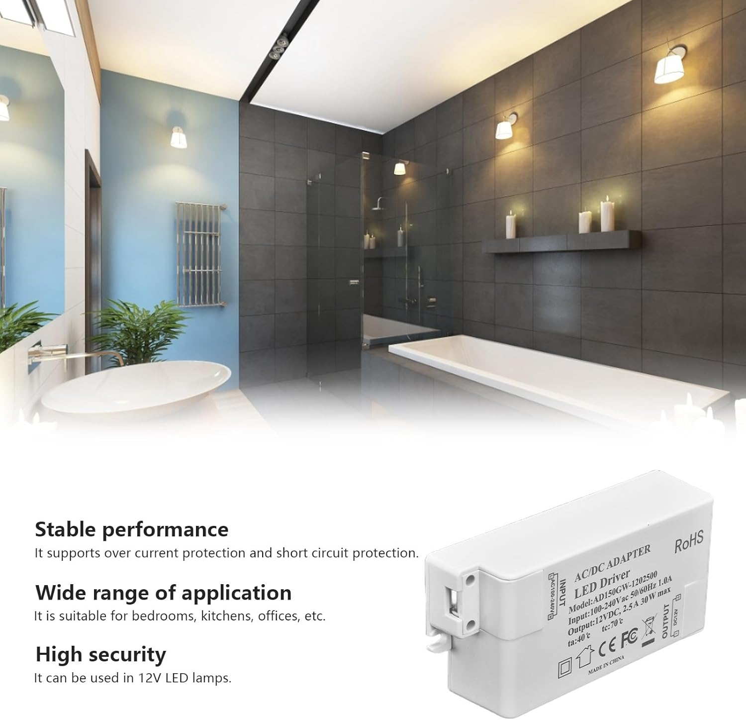 LED Driver Power Supply 30W, 12V 2.5A Constant Voltage, IP67 Rated Enclosure, No Flicker, for LED Strip Lights, Cabinet, Bathroom, Landscape Lighting image number 1