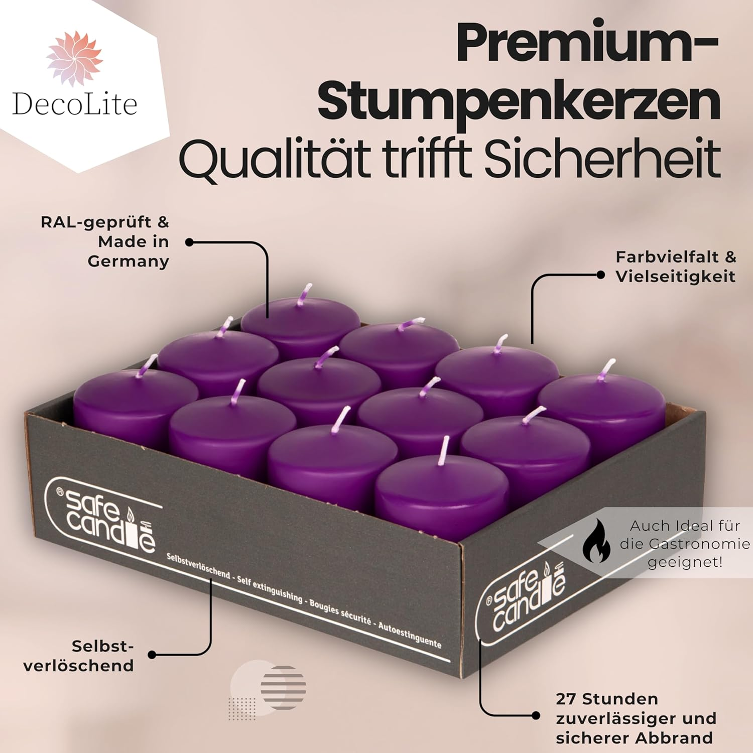 Decolite Wenzel Candles Pack of 12 Pillar Candles 80/60 Mm - Self-Extinguishing, Safe Candle, RAL Certified, 27 Hours Burning Time - 100% Made in Germany by Wenzel Candles (Purple) - Olive image number 2