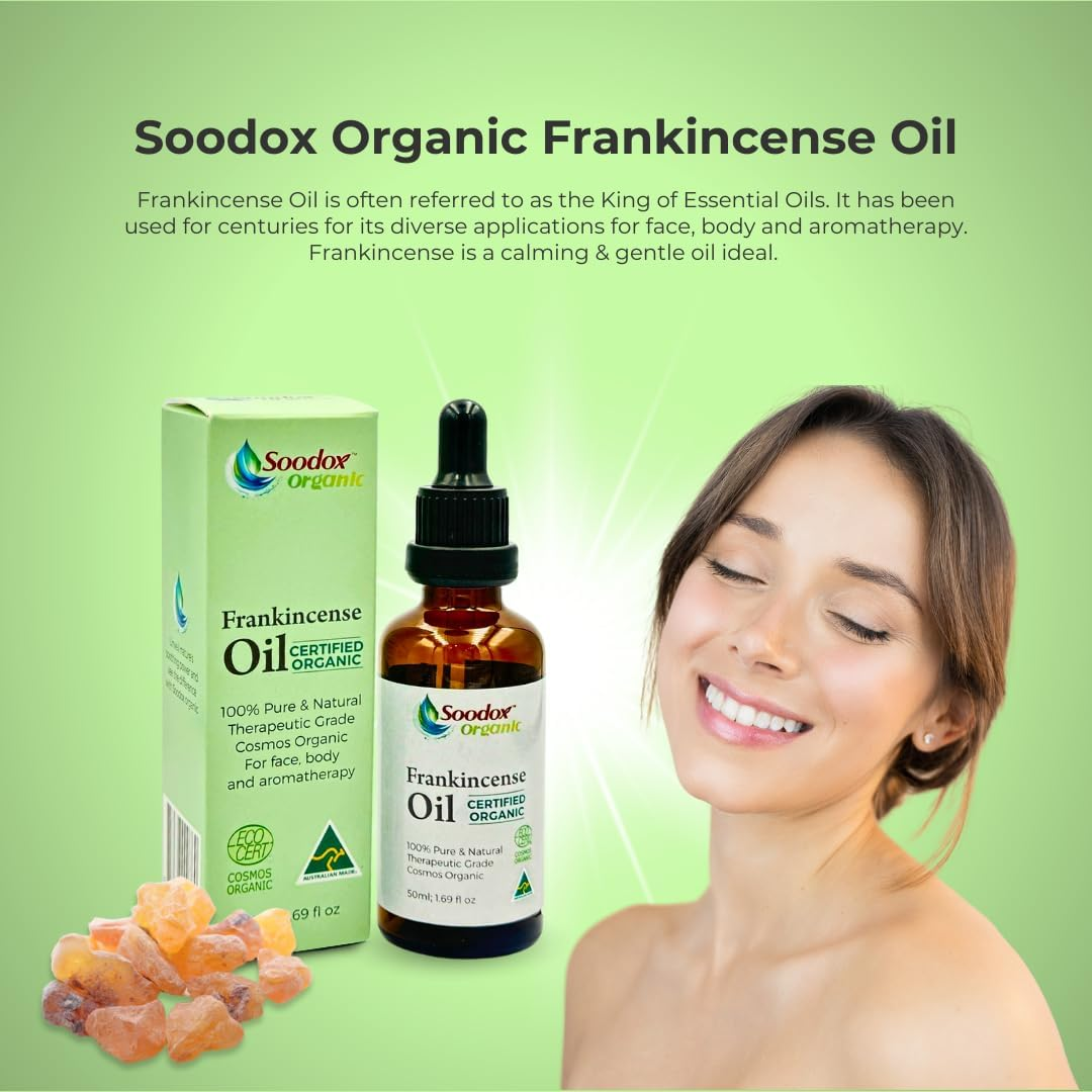Soodox Organic Frankincense Oil - 100% Organic Essential Oil - 100% Boswellia Serrata - 100% Australian Made - Skin Moisturizer, Aromatherapy Oil, Massage, Immune Support, Inflamation, Hair Growth, Scalp Strength, Nailcare - Comes in a Amber Glass Dropper Bottle image number 2