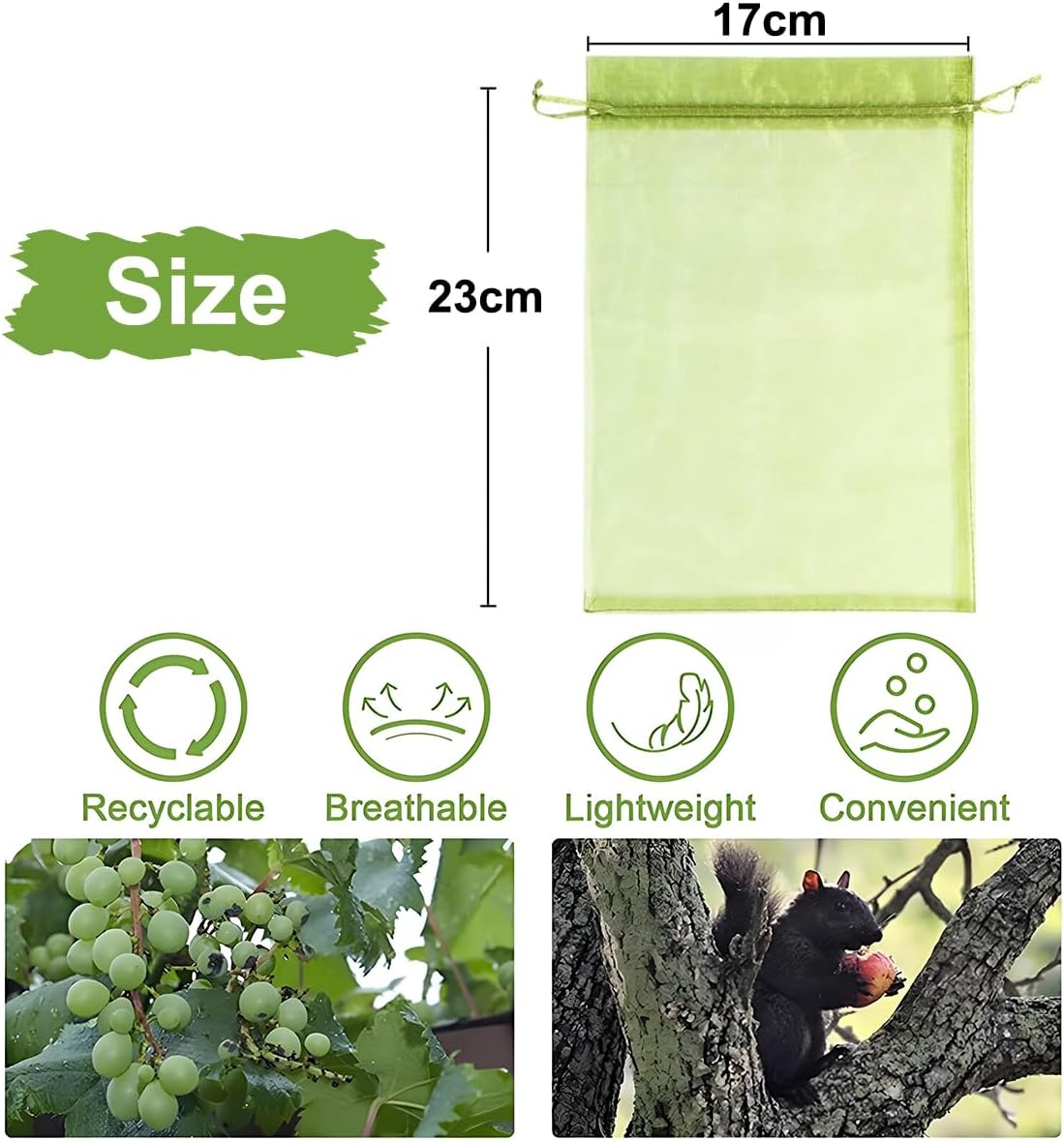 Fruit Protection Bags, 15&times;20Cm，50Pcs, Green，Fruit Cover Net Bags with Drawstring for Grape Apple Mango Peach Protect from Insect Birds Squirrels image number 1
