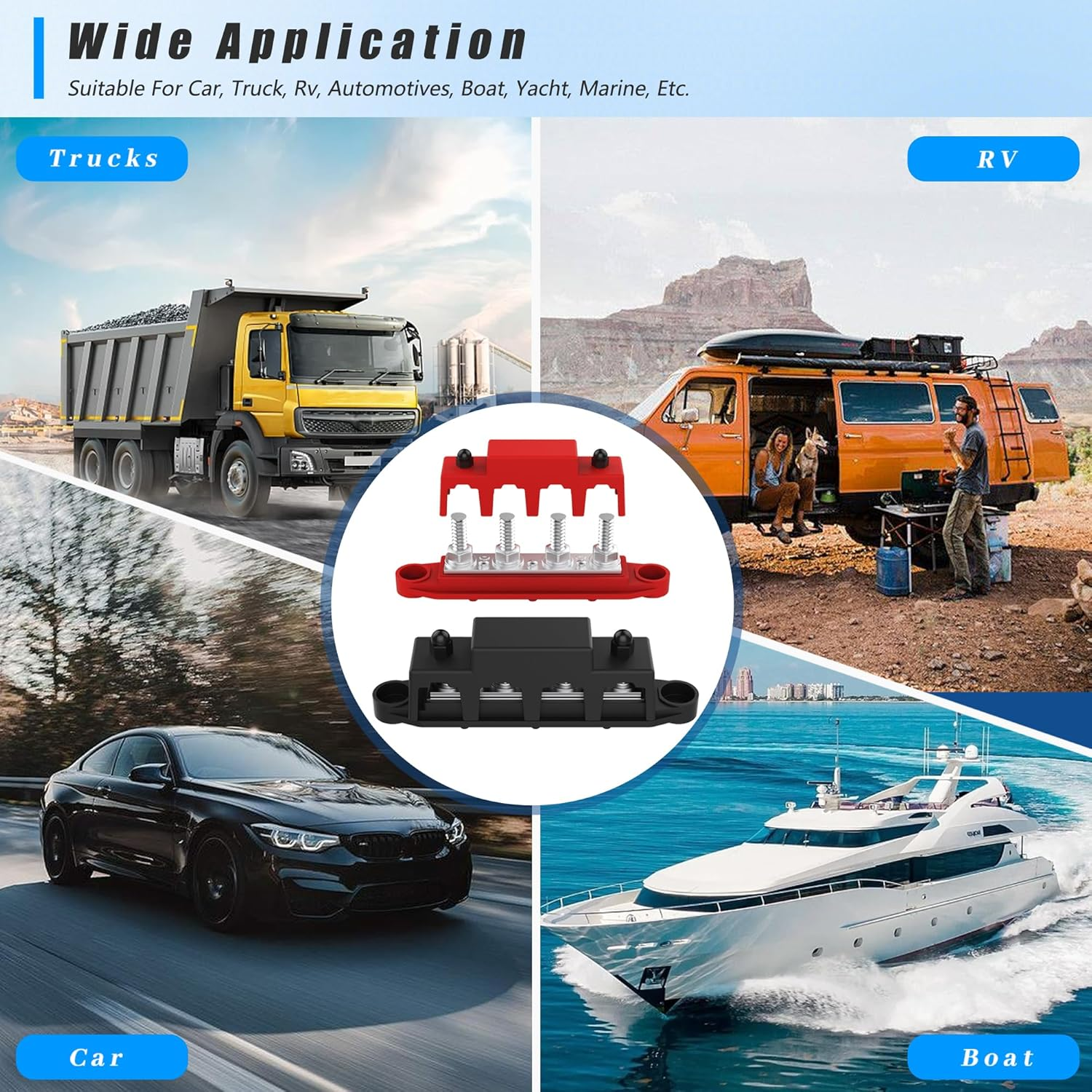 Venxykod Power Distribution Block,250A 12V Bus Bar 4X5/16 Terminal Block with Cover Max 48V Junction Block Automotive Marine Busbar image number 5