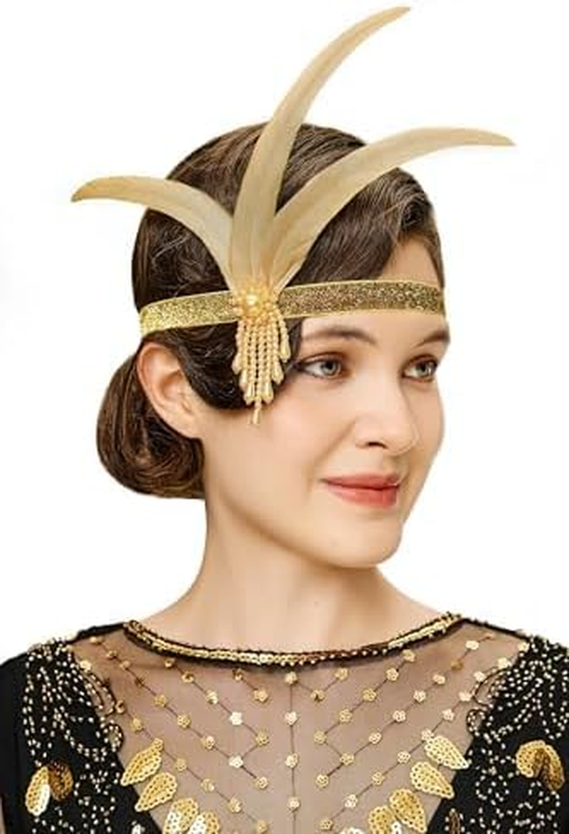 BABEYOND 1920S Flapper Feather Headpiece Vintage 1920S Headband Beaded Flapper Headpiece Great Gatsby Costume Accessories, Gold