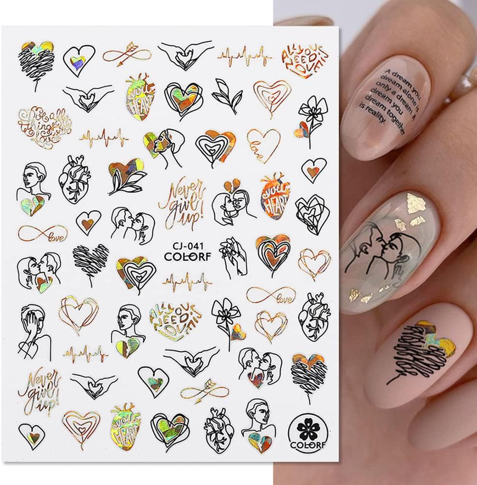 9 Sheets Valentines Day Nail Art Stickers 3D Metallic Black Gold Valentine'S Day Nail Decals Metal Abstract Nail Stickers Love Heart Kiss Rose Lips Designs for Valentines Nail Art Decorations image number 4