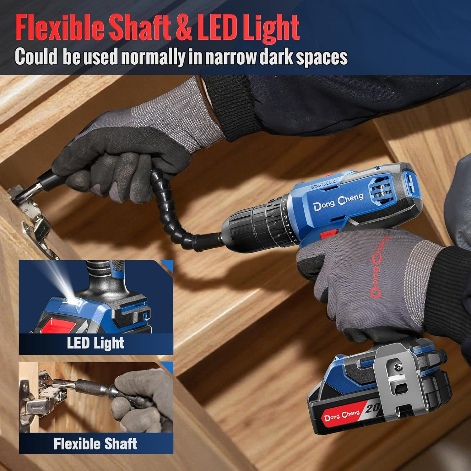 Dongcheng Cordless Drill Set,Power Drill with 3/8" Keyless Chuck,336 In-Lbs Torque Electric Drill,Cordless Drill with Battery and Charger (Accessories+Cleaning Kit+Hand Tools)