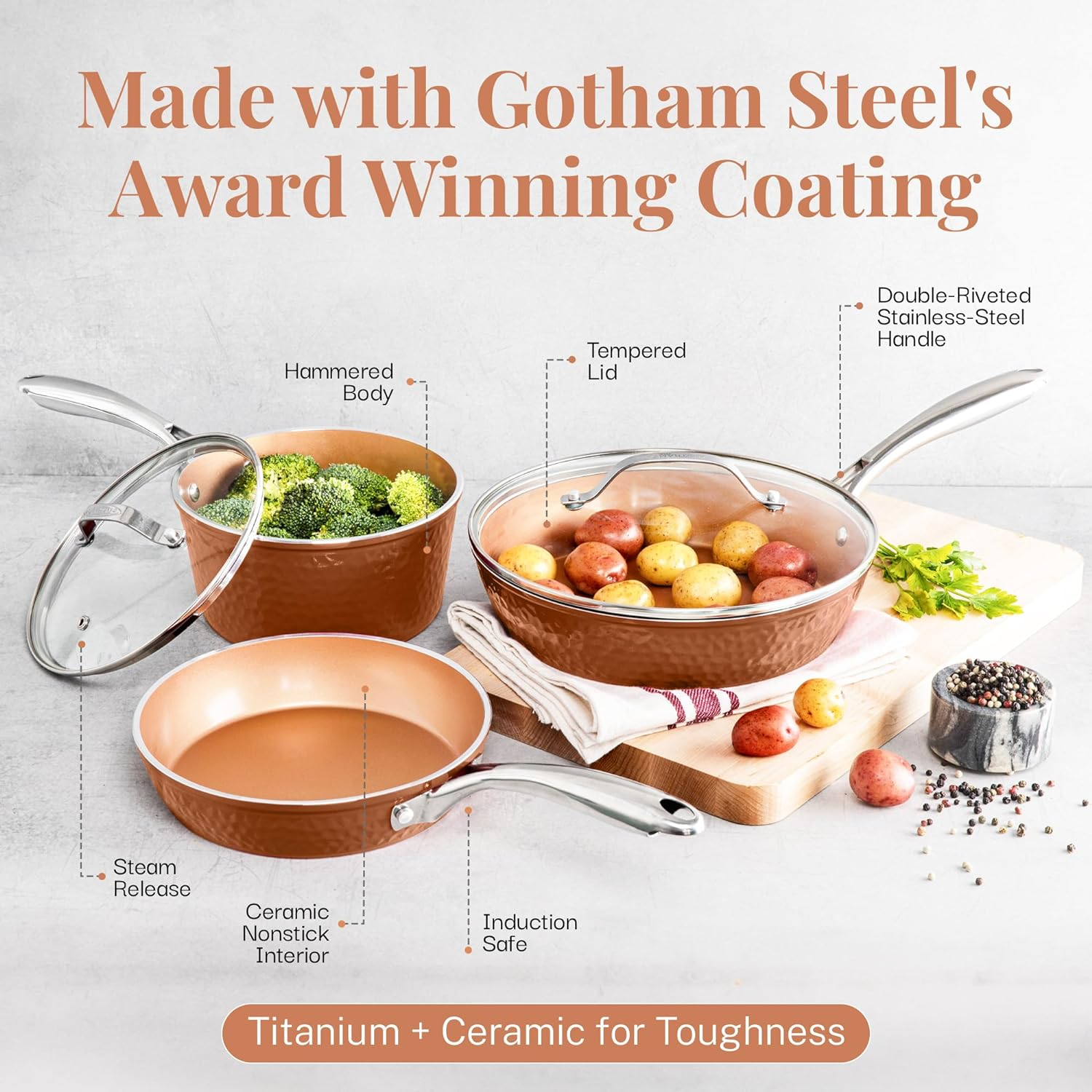 Gotham Steel 2697 12&rdquo; Nonstick Fry Pan with Lid &ndash; Hammered Copper Collection, Premium Aluminum Cookware with Stainless Steel Handles, Induction Plate for Even Heating, Dishwasher & Oven Safe Large image number 1