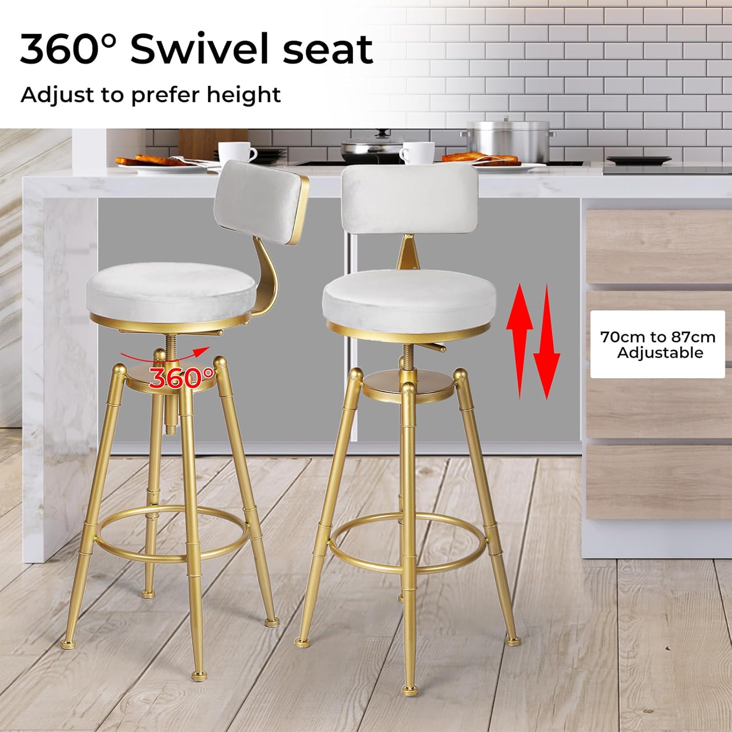 LEVEDE 2X Bar Stools Height Adjustable, 360&deg; Swivel Bar Chairs with Backrest and Footrest, Velvet Seat Kitchen Counter Stools for Home Bar, Dining Room, Cafe, 150Kg Capacity (White)