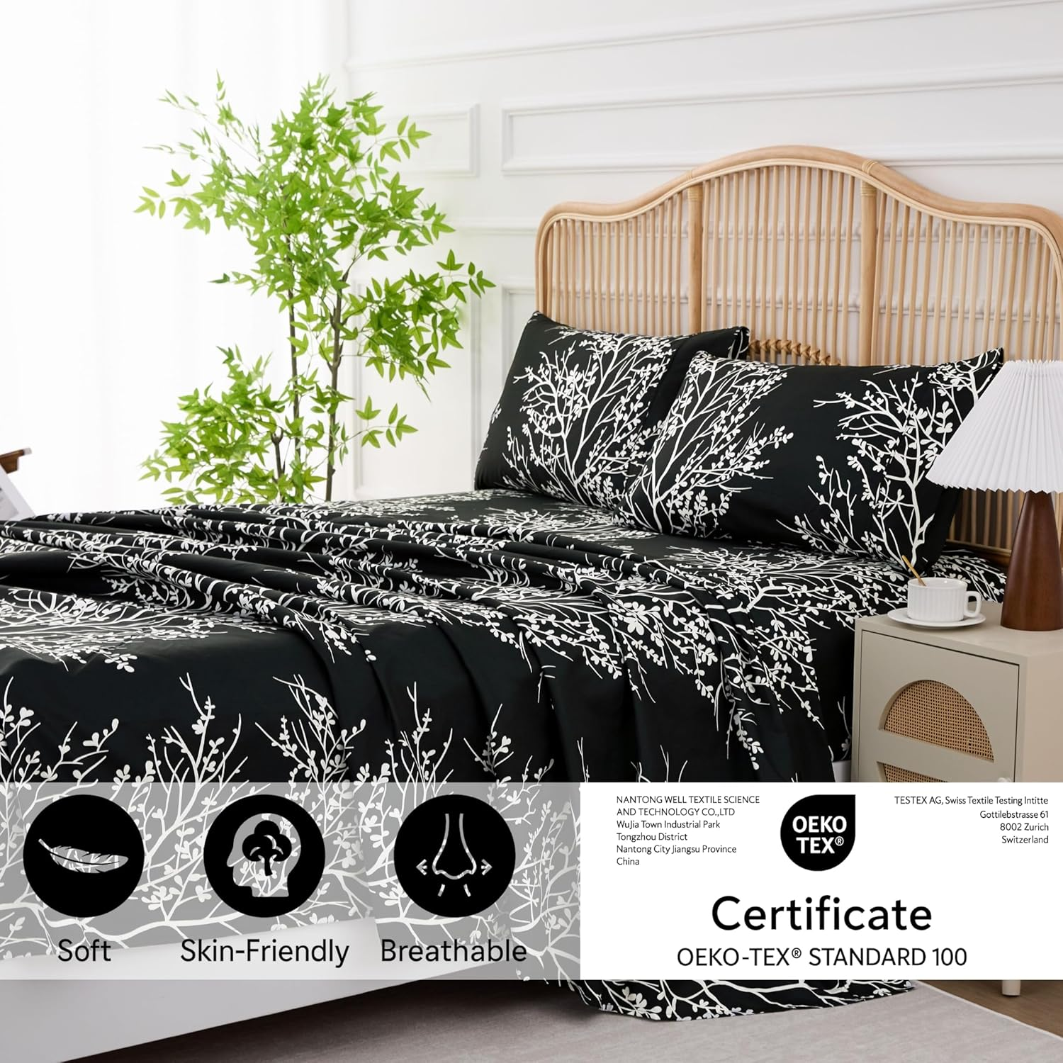 Spirit Linen Home King Size Sheets Set - Pure Microfiber 4 Piece Polyester Bed Sheets, Fitted Sheet & Pillow Cases - King Sheets for All Seasons (Foliage Black/White, King) image number 6