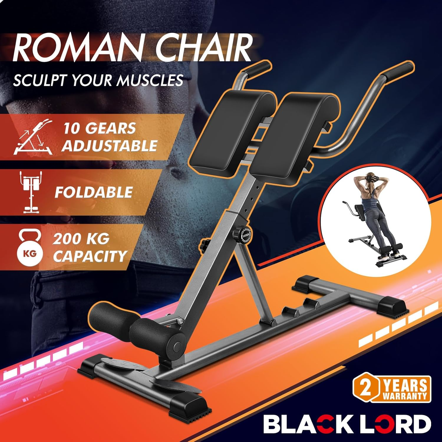 BLACK LORD Adjustable Roman Chair with 30-50 Degrees Inclination, Hyperextension Fitness Weight Bench for Back Glutes Hamstring Exercise and AB Workouts, Multifunctional Home Gym Equipment, Max 200Kg image number 2