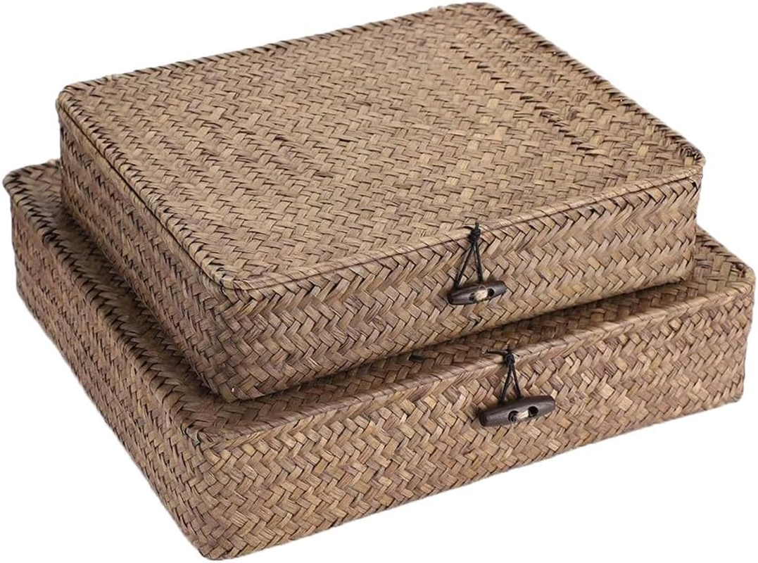 Set of 2 Flat Wicker Shelf Basket with Lid, Wicker Storage Baskets, Multipurpose Home Organizer, Woven Shelf Organizer Bins Home Utility Organizer Box for Home & Office Supplies image number 5