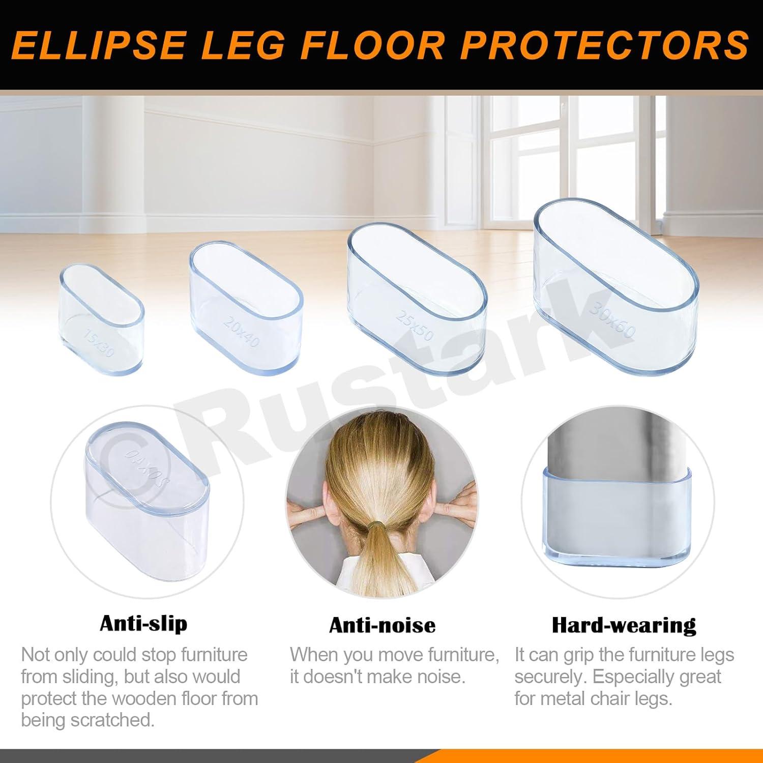 20Pcs 15Mmx30Mm Clear Oval Rubber Furniture Leg Caps Assortment Kit Anti-Slip Chair Leg Caps Furniture Floor Protectors Chair Leg Covers Chair Leg Foot Cover Feet Pads for Chair Table Sofa image number 4
