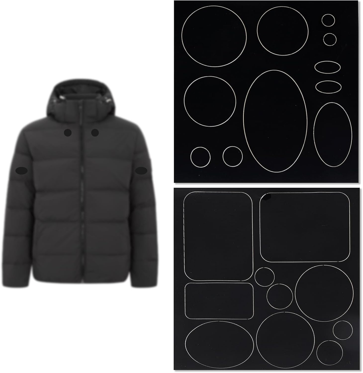 AIAOO Puffer Jacket Repair Patch Kit, 2PCS Self-Adhesive Fabric Patches with 21 Shapes, Waterproof Tear-Resistant for Camping Accessories, Leather & Clothes Repair (Black, 15X15Cm)