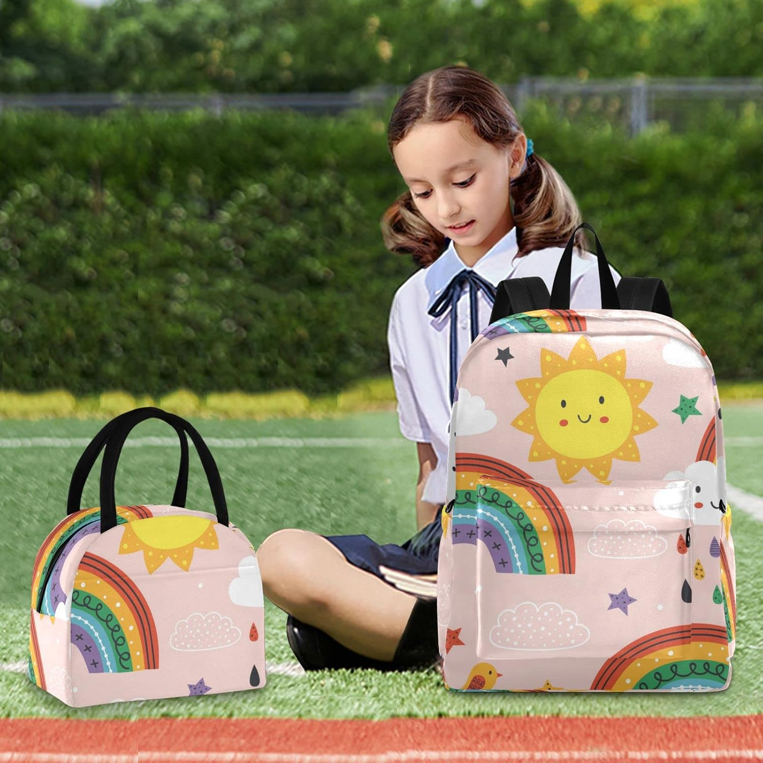 Backpack for Kids School Backpack with Lunch Bag Cute Rainbow Cloud Preschool Kindergarten Student Bookbag Set, Cute Rainbow Cloud, Daypack Backpacks image number 6