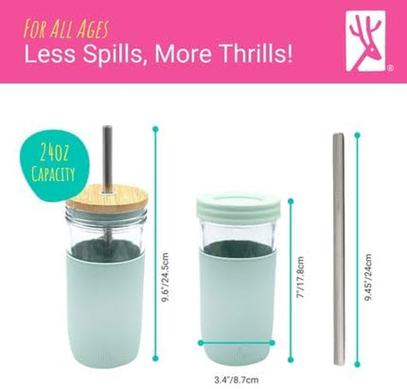 Elk and Friends 24Oz Glass Mason Jar &ndash; Pack of 4 | Bamboo Straw Lids + Stainless Steel Straws | Smoothie + Iced Coffee + Bubble Tea Cups | Glass Cups with Lids and Straws | Dishwasher Safe image number 4