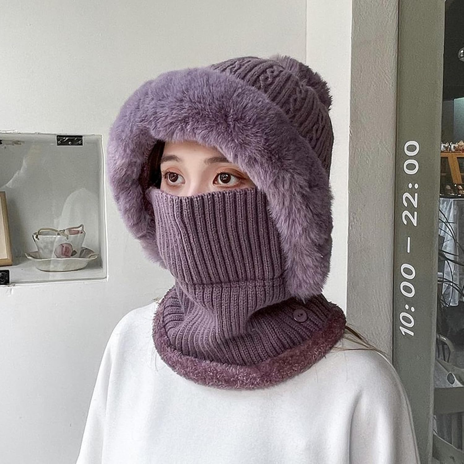 Winter Hats for Women,Knitted Face Cover - Winter Hat with Scarf | for Lady Grandma Mother Traveling Hiking Cycling Skiing Snowboarding Biking image number 3