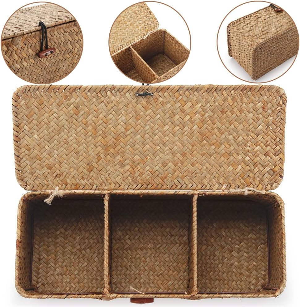 Seagrass Tank Basket with Lid Woven Toilet Roll Storage Basket with Sections Rectangular for Organize Snack Toys, Large Compartment, 16.5X4.7X4.3Inch image number 3