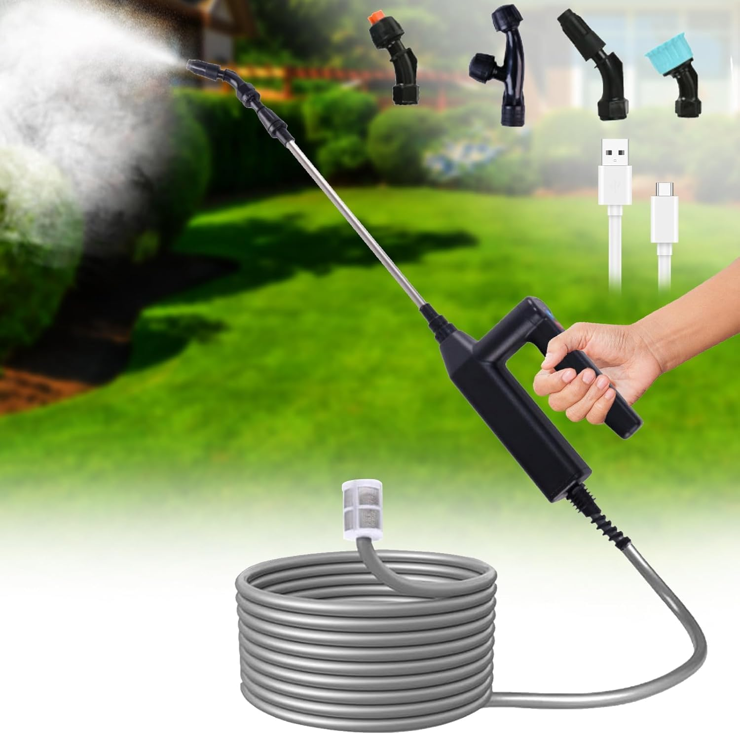 Electric Plant Sprayer, Battery Powered Sprayer, Portable Multi-Purpose Garden with 5 M,Retractable Wand and 4 Nozzles for Garden,Terrace,Car Wash, Lawn and Weeds (4 Nozzle)