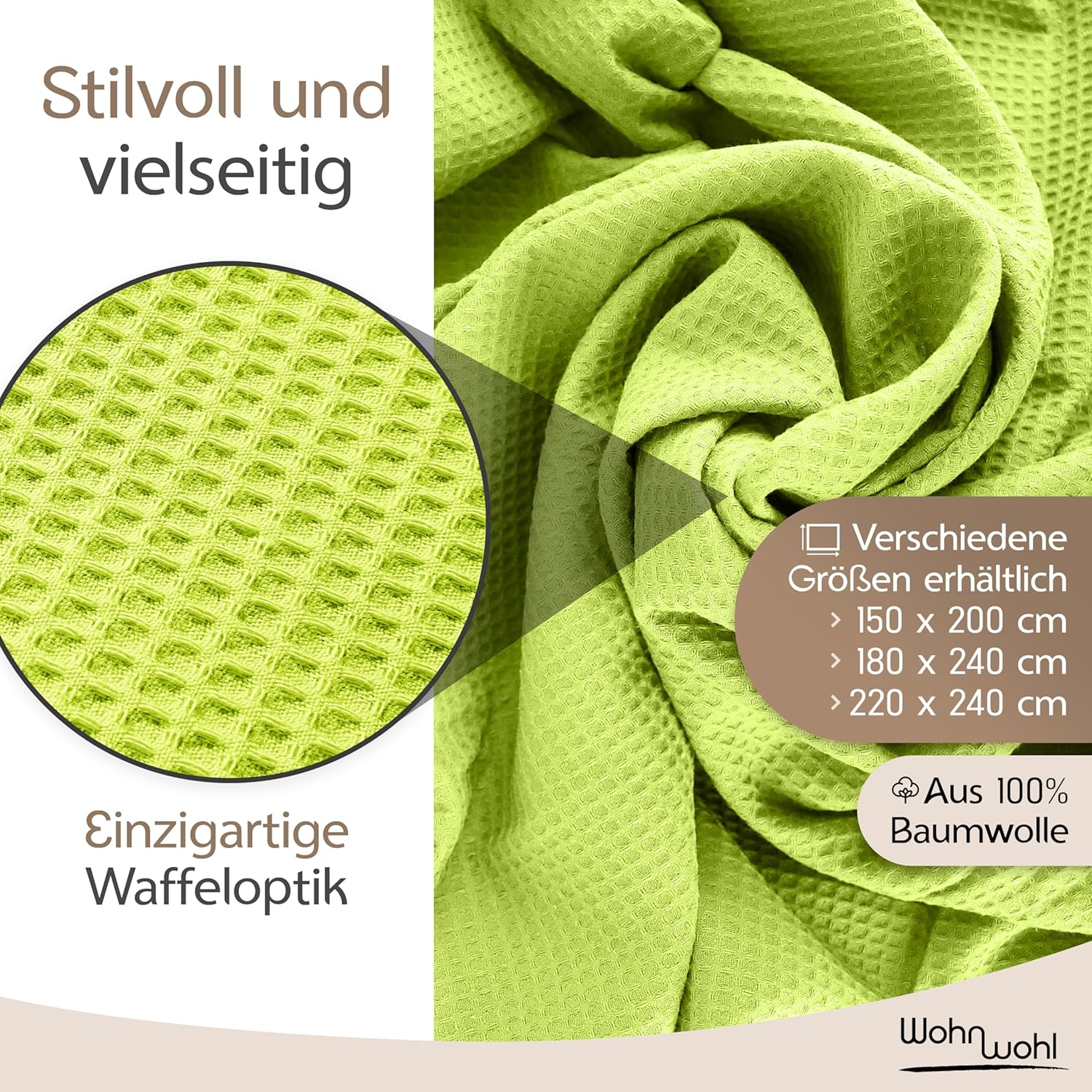 WOHNWOHL Bedspread 220 X 240 Cm &bull; Waffle Pique Lightweight Summer Blanket Made of 100% Cotton &bull; Airy Sofa Blanket Versatile &bull; Easy Care Blanket &bull; Cotton Blanket Colour: Green image number 6