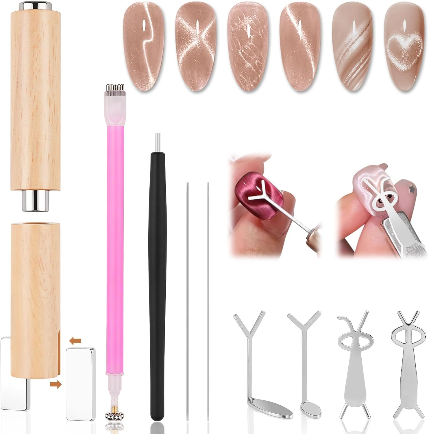 EBANKU 6 in 1 Cat Eye Nail Magnet Tool Set, Multifunctional Wooden Handle Nail Magnet, Heart Rabbit Shape Cat Eye Magnet for Nails, Long Strip Magnets Tool for Nail Art DIY at Home image number 4