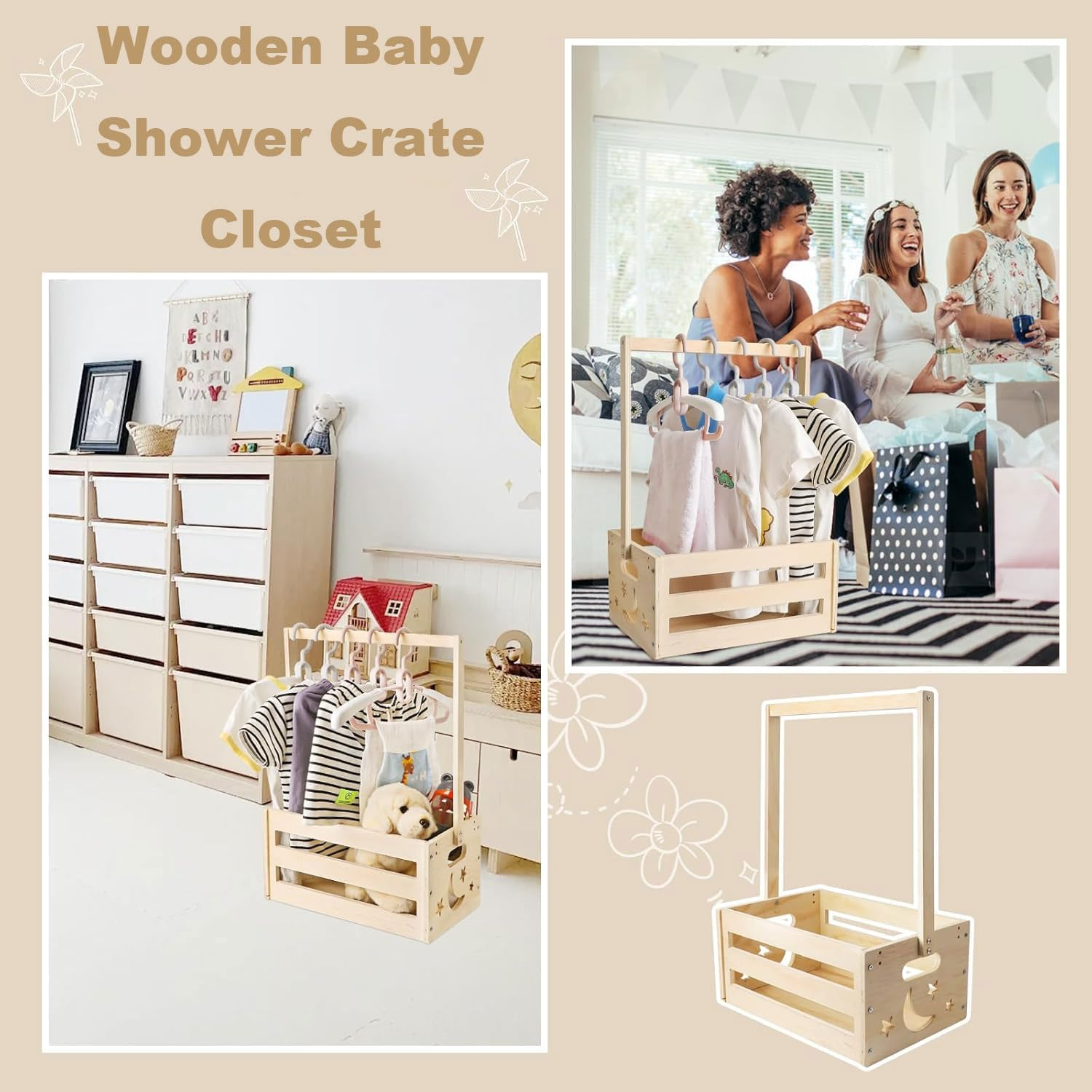 MUSONG Rustic Decorative Baby Storage Crate Hamper with Handle, Wooden Baby Shower Crate Closet, 34.4 X 23 X 54.5 Cm image number 6