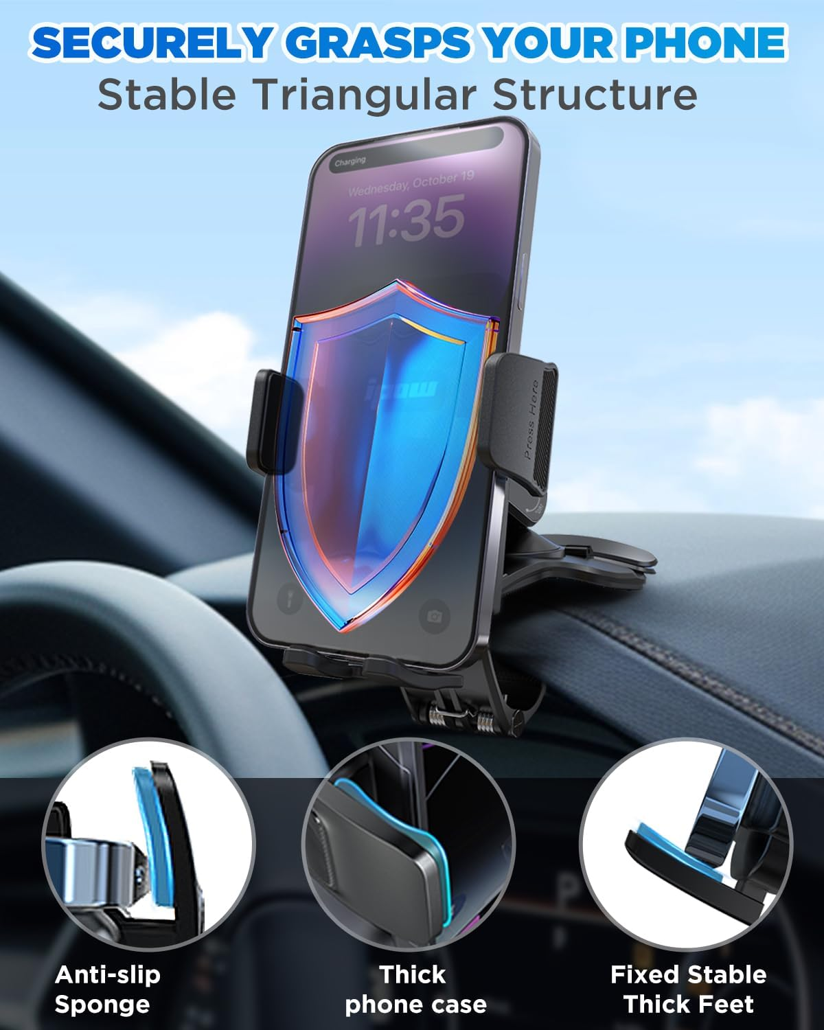 IPOW Car Dashboard Phone Clip Holder, 360 Degrees Rotation Dash Steering Wheel Phone Clamp Mount Compatible with Iphone 16 15 14 13 Pro Max and 4-7 Inch Smartphones (Black) image number 5