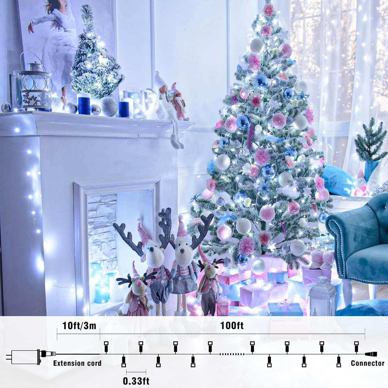 100Ft 300 LED White Christmas Lights Indoor Bedroom, Connectable White String Lights Outdoor Clear Wire, 8 Modes Twinkle String Lights Plug in for Room Tree Wedding Christmas Decoration image number 1