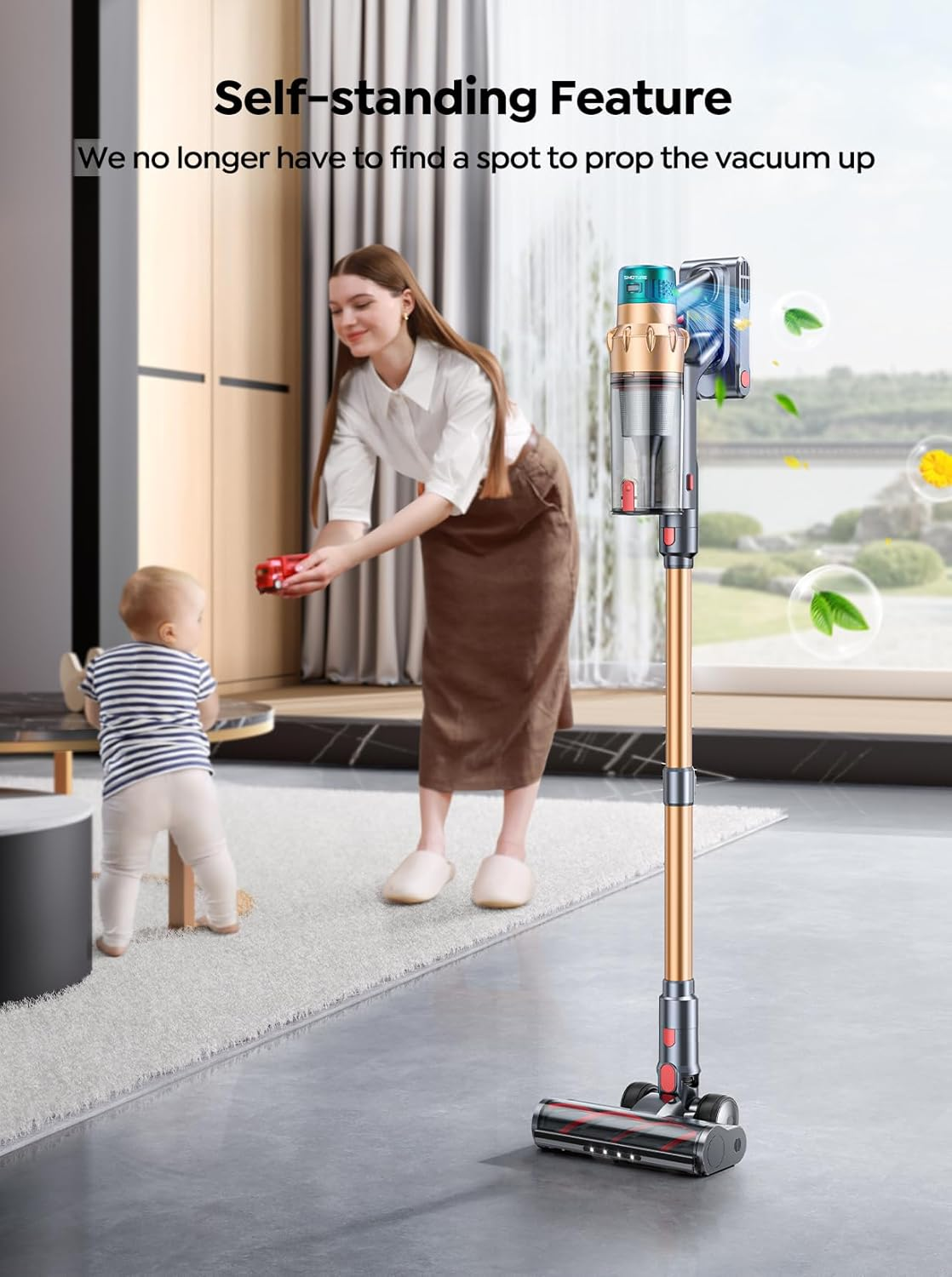 SMOTURE 50KPA 600W Cordless Vacuum Cleaner, 65Mins Runtime, Self-Standing Stick Vacuum with Aroma Function, Auto Mode, Wall Mount Charging, Touchscreen, Anti-Tangle Vacuum for Pet Hair/Floor/Carpet image number 2