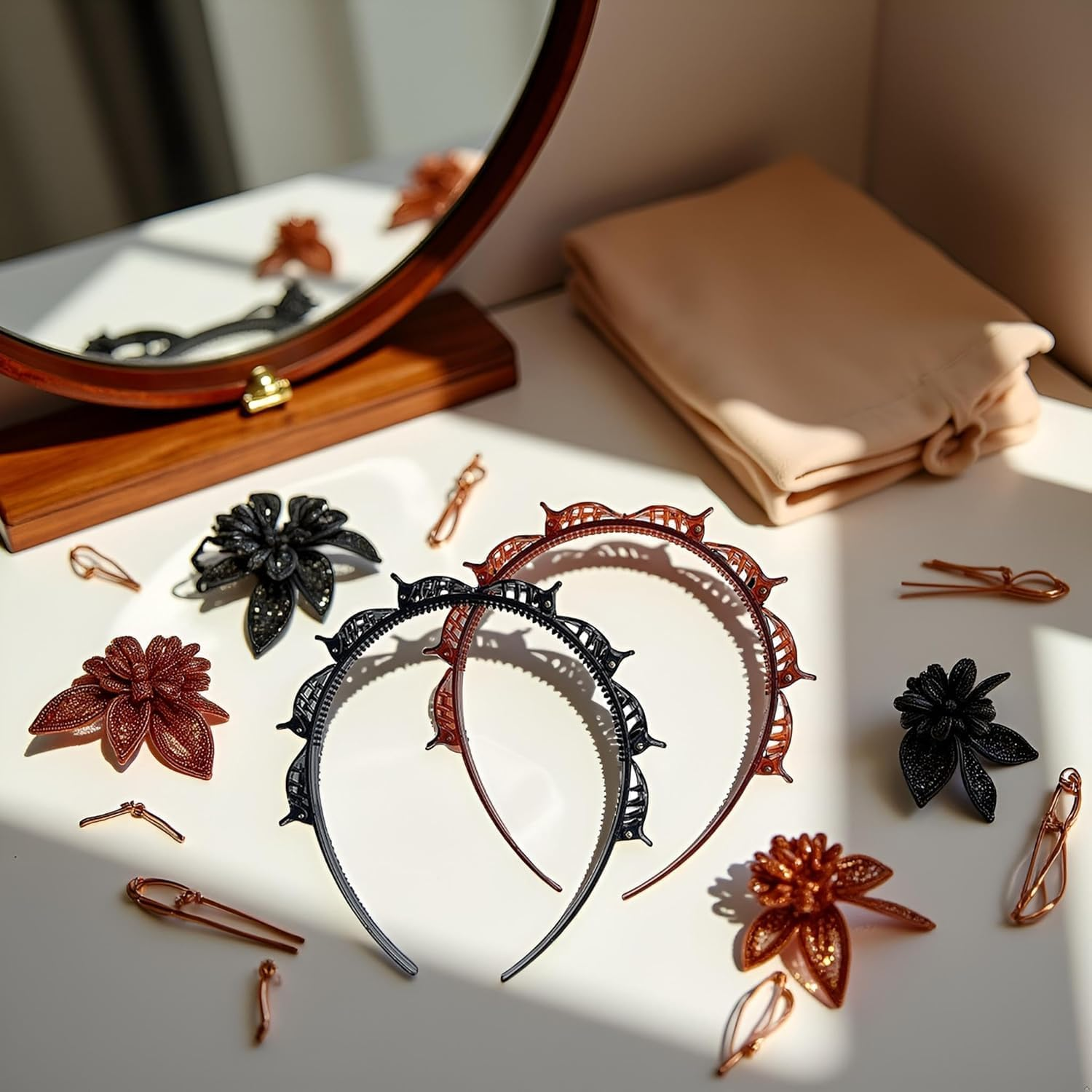 4Pcs Double Bangs Hairstyle Hairpin Headband with 8 Small Clip,Women Double Layer Twist Plait Hair Tools for Curly,Thick Hairs,Toothed Hair Bands Braid Tool Hair Accessories,Black and Reddish Brown image number 2