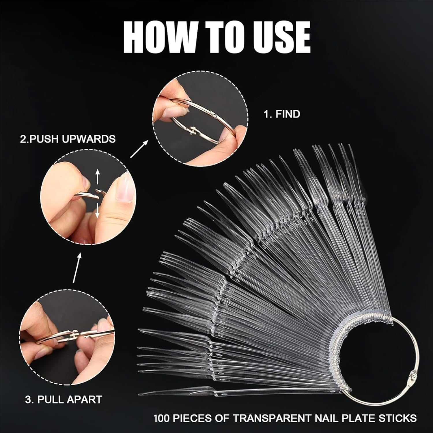 Kzvsiy 100 Pcs Clear Stiletto Nail Swatch Sticks with Rings, Transparent Pointed Nail Display Tips for Polish Color Samples, Manicure Practice Board for Salon & Home Use image number 1