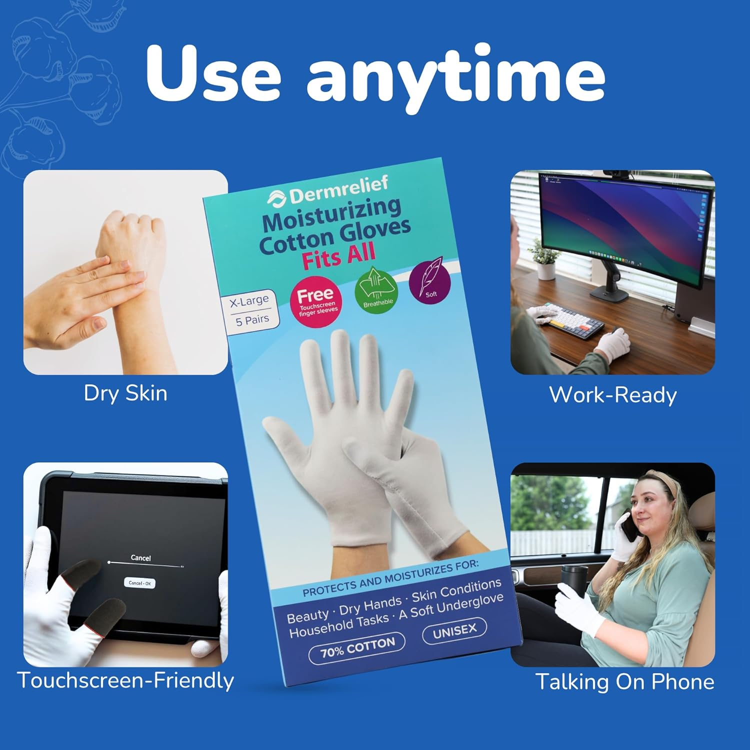 Dermrelief Cotton Gloves Fits All - for Beauty, Dry Hands, Eczema, Dermatitis and Psoriasis (5 Pairs) with Free Gift (Touchscreen Finger Sleeves) (Medium) image number 5