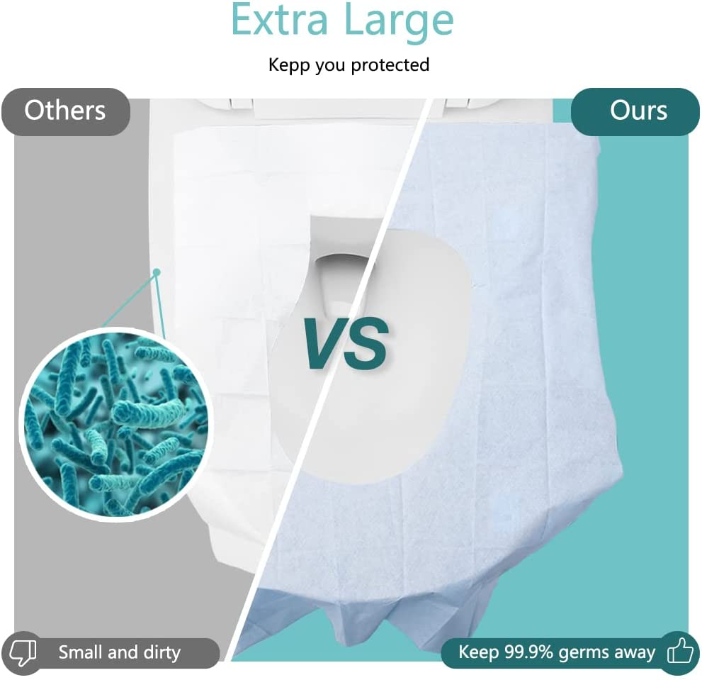 50 Pack Disposable Toilet Seat Cover XL Waterproof Individually Wrapped for Adults and Kids Potty Training Travel Accessories for Public Restrooms, Airplane, Camping
