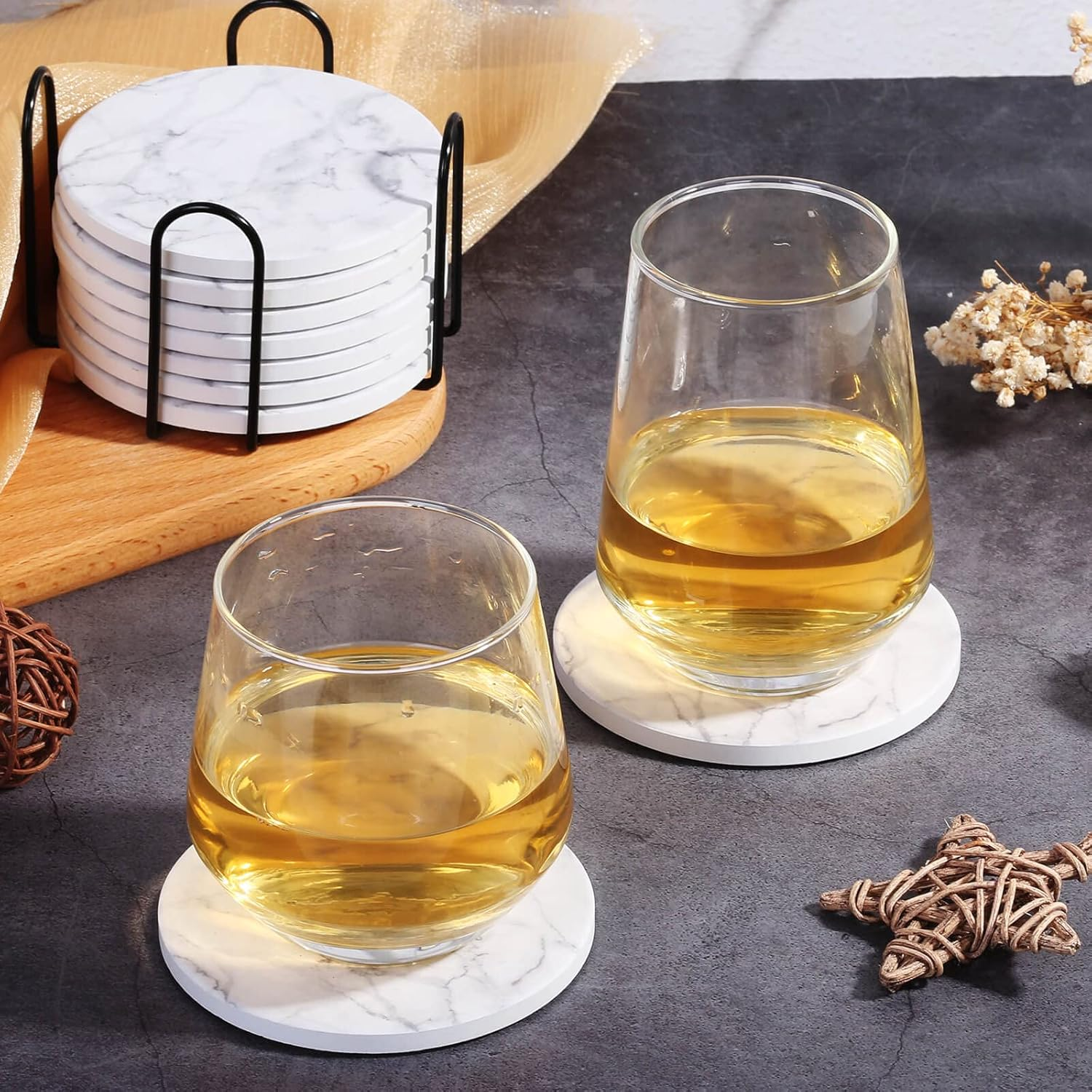 Billbotk 9 Pieces Ceramic Coasters for Drinks with Holder, Absorbent Drink Coasters for Coffee Table, Marble Style Coasters Wooden Table, Suitable for Kinds of Cups, 4 Inches image number 4