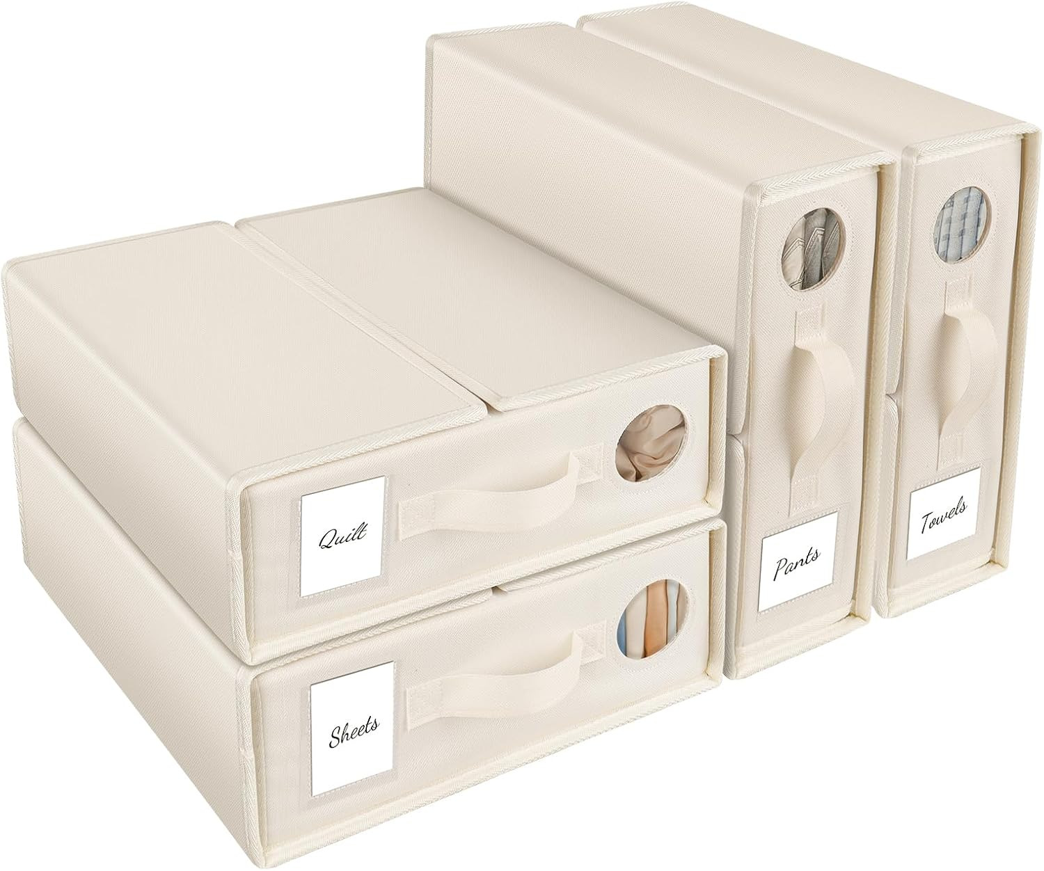 Bed Sheet Organizers and Storage 4 Pack, Foldable Linen Closet Organizer Oxford Cloth with Window and Label (King & Queen Size), Bedding Storage Box for Bedsheets (Beige) image number 2