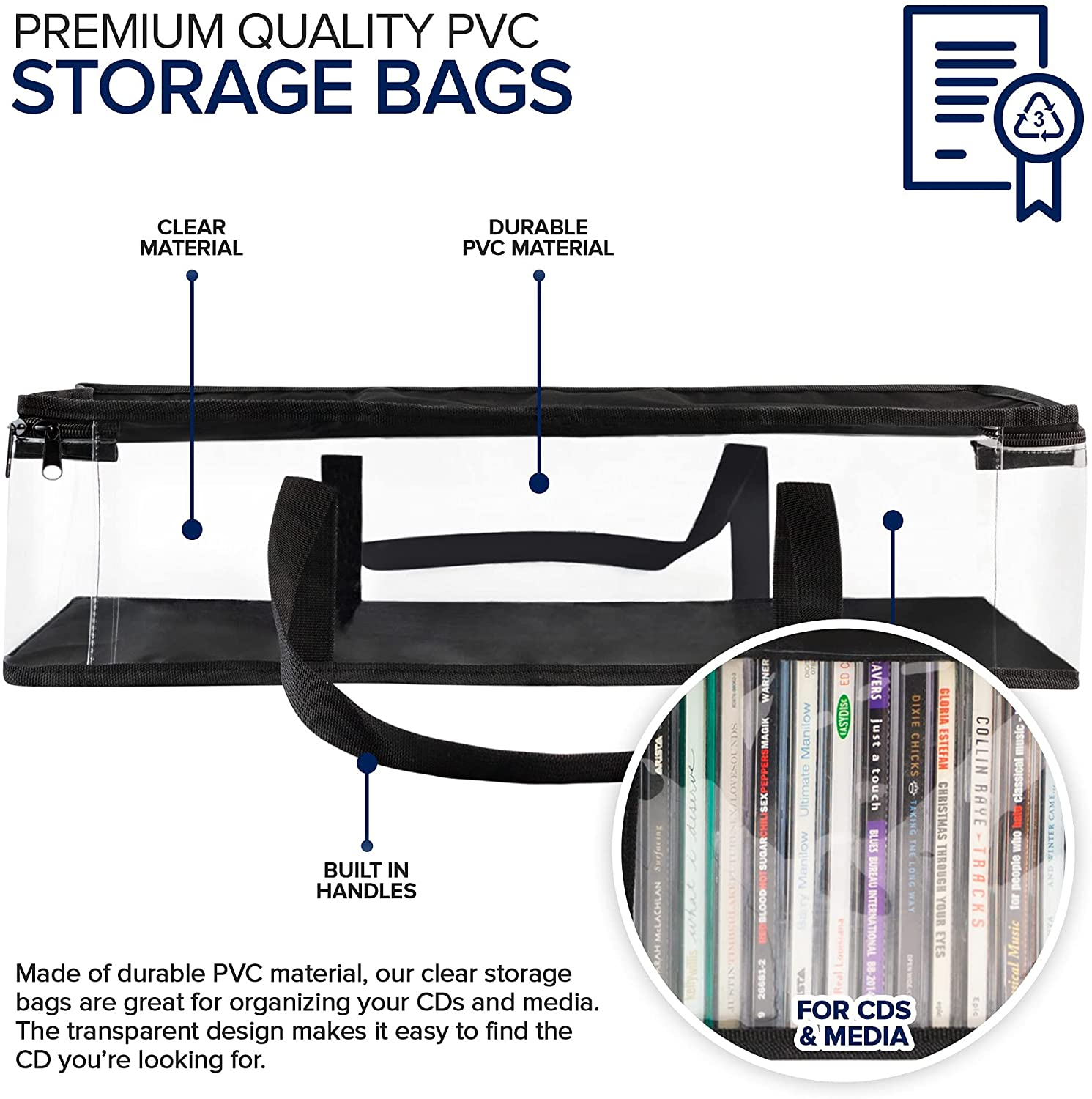 Stock Your Home CD Storage Bags (6 Pack) - Transparent PVC Media Storage - Water Resistant CD Holder Case with Handles - Clear Plastic Carrying Game Bag Storage for Cds, Albums, Video Games, Books image number 3