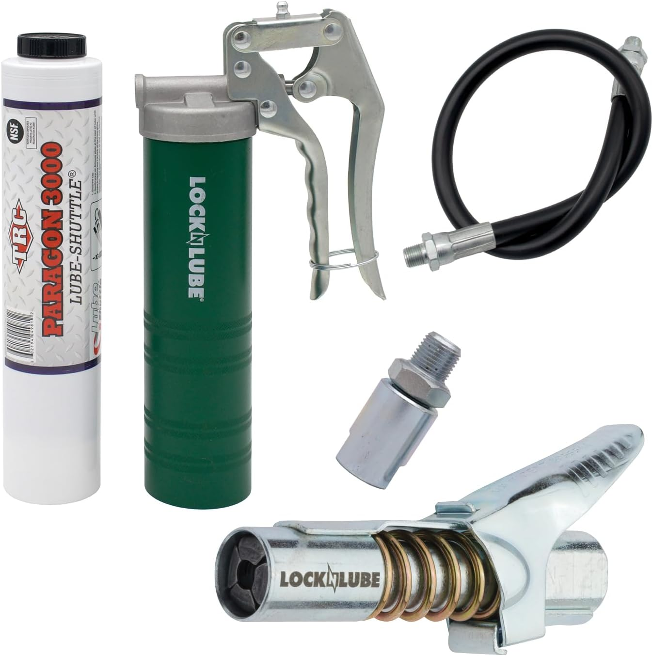 Locknlube Spin-On Pistol-Grip Grease Gun Kit. Includes: 1 Tube Grease, the Grease Coupler plus a Heavy-Duty 20" Grease Hose and In-Line Hose Swivel.