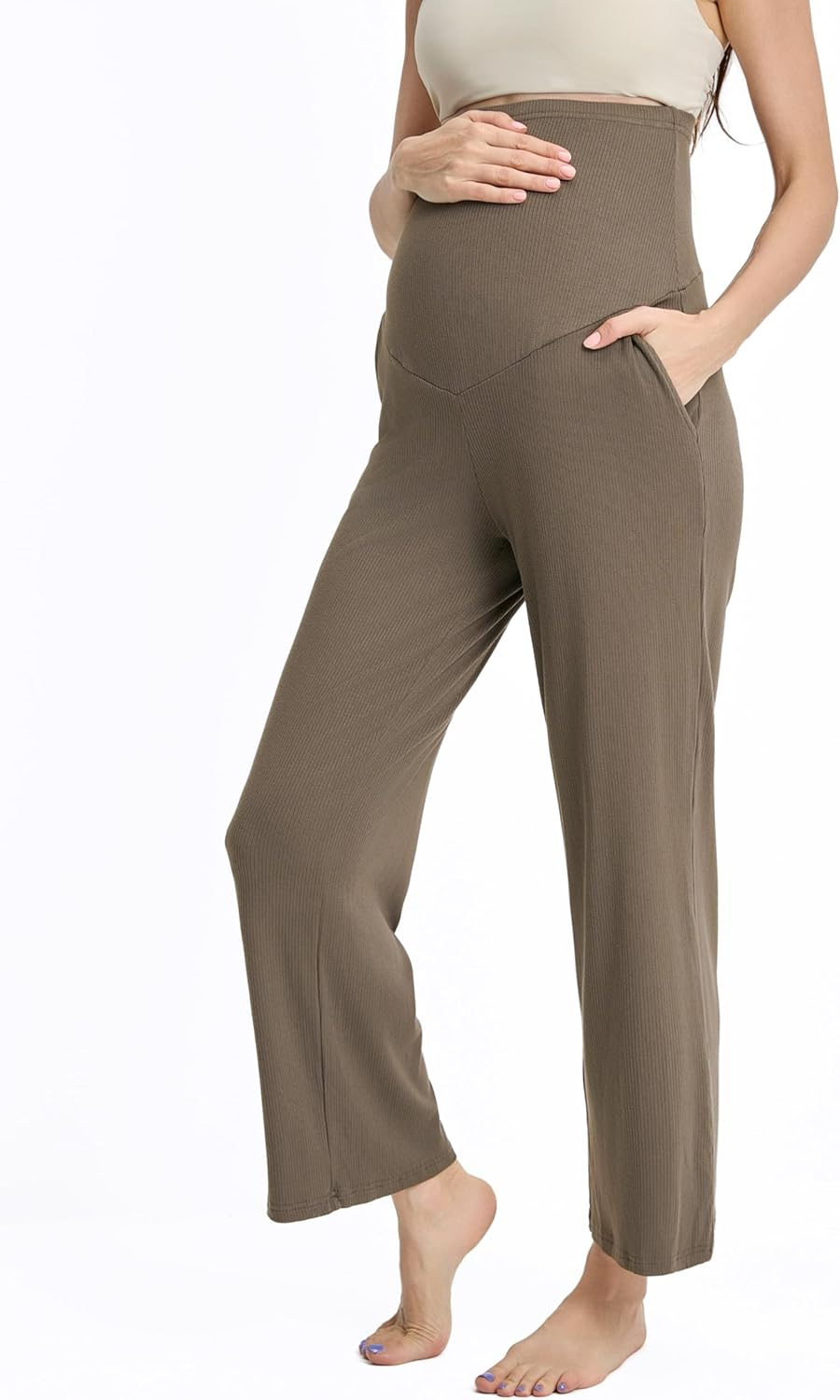 Liu & Qu Womens Maternity High Waisted Lounge Pants Casual Stretchy Ribbed Palazzo Pants Pregnancy Trousers with Pockets image number 2