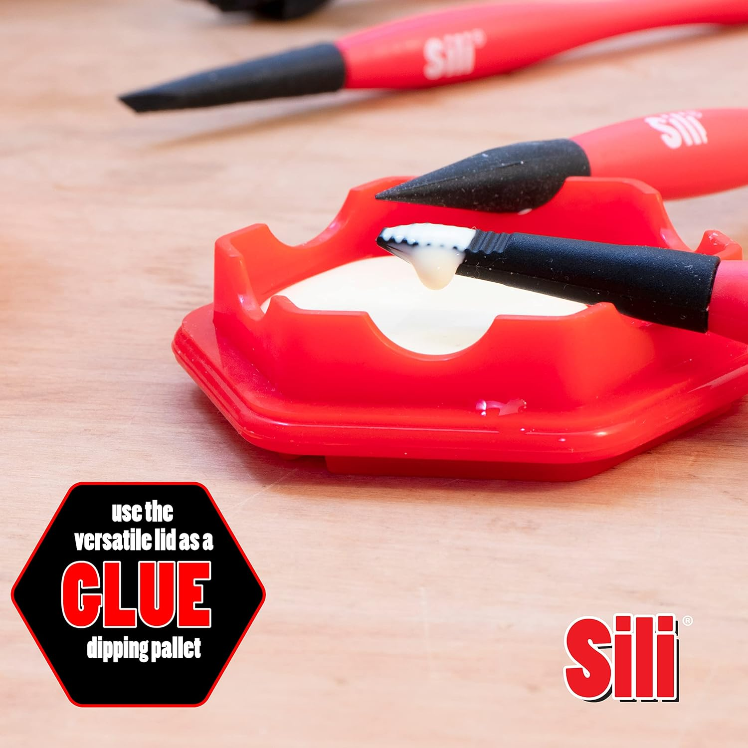 Sili Glue Pod and 3 Sili Micro Glue Brushes with Multi Purpose Sealable Lid/Glue Brush Holder &bull; Fine Tip &bull; Chiseled Tip and Flat Tapered Tip Brushes for Arts &bull; Crafts &bull; Models and Woodworking