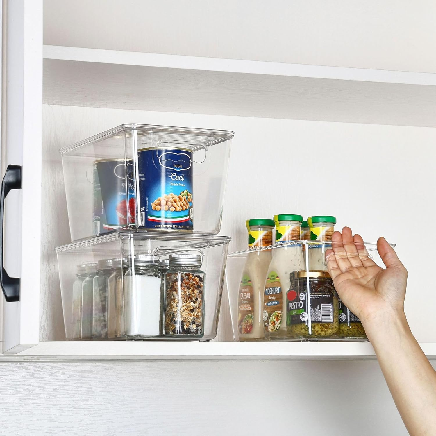 6 Pack Clear Stackable Storage Bins with Lids, Heavy-Duty Plastic Containers with Handles for Pantry, Bathroom, Cabinet, Fridge and Closet Organization, Middle image number 4