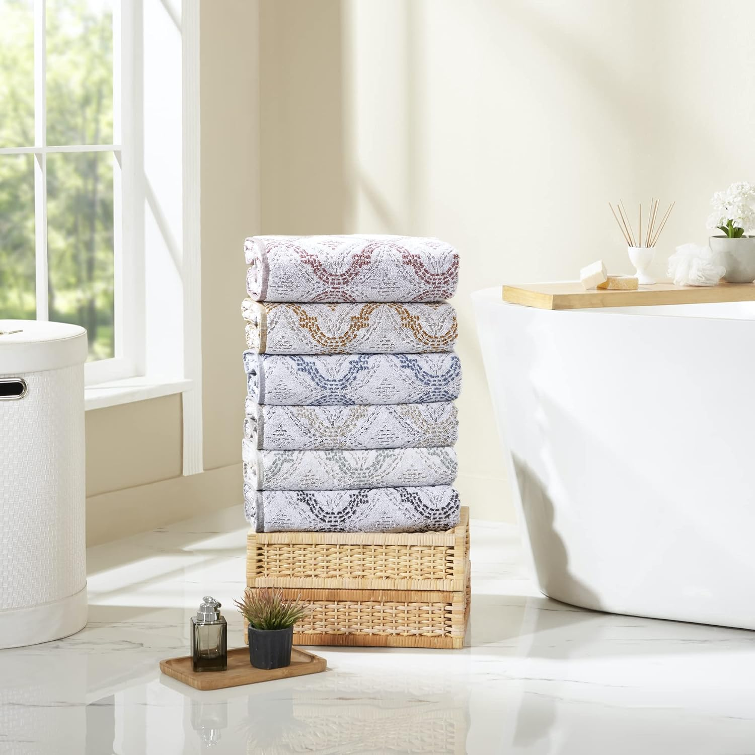 Modern Threads Capri 6-Piece Reversible Yarn Dyed Jacquard Towel Set - Bath Towels, Hand Towels, & Washcloths - Super Absorbent & Quick Dry - 100% Combed Cotton, Khaki image number 3