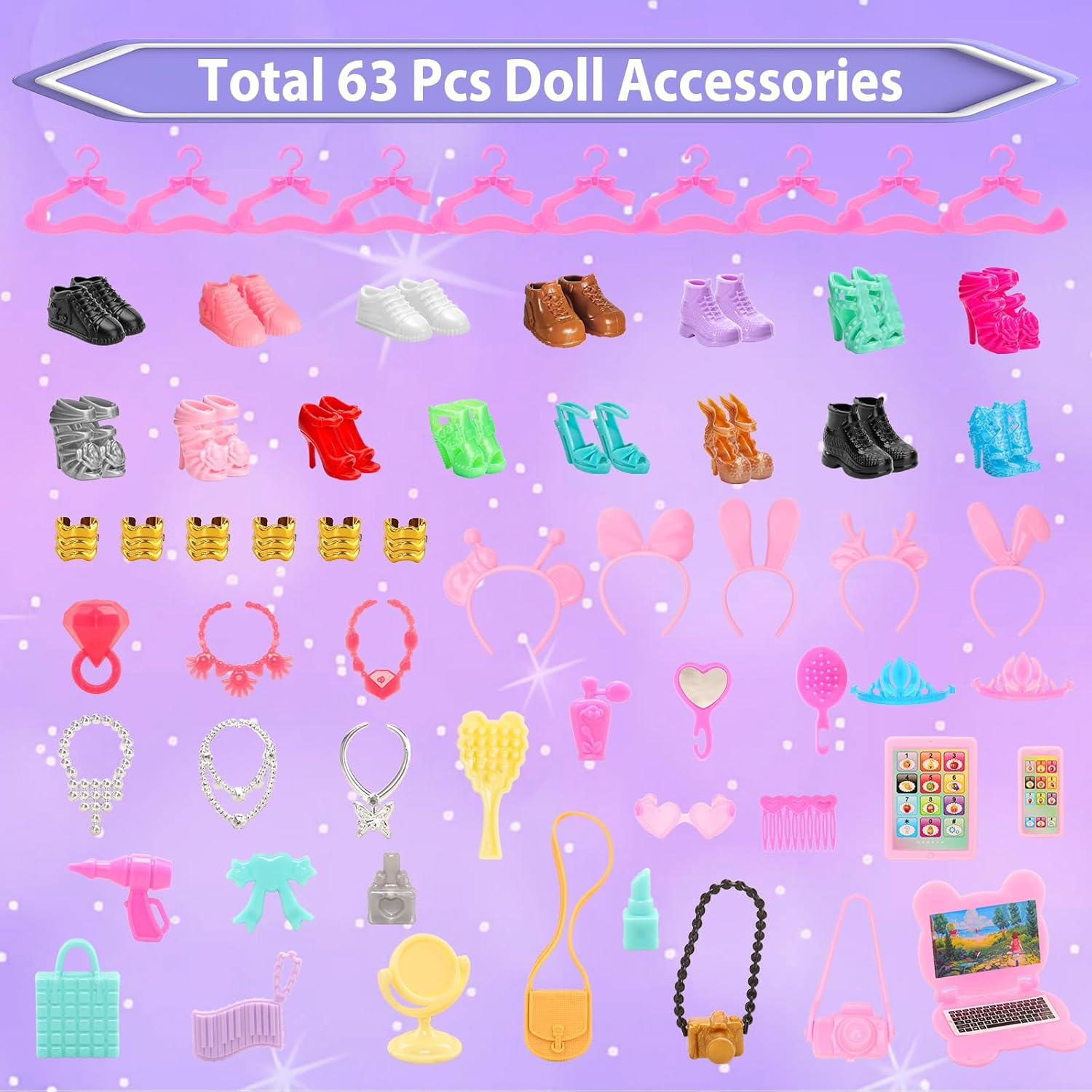 Bartoies Fun 85 Pcs Doll Accessories: 12 Fashion Dresses 3 Party Gowns 4 Outfits 3 Swimsuits Bikini with 63 Accessories for 11.5 Inch Dolls(No Doll) image number 2