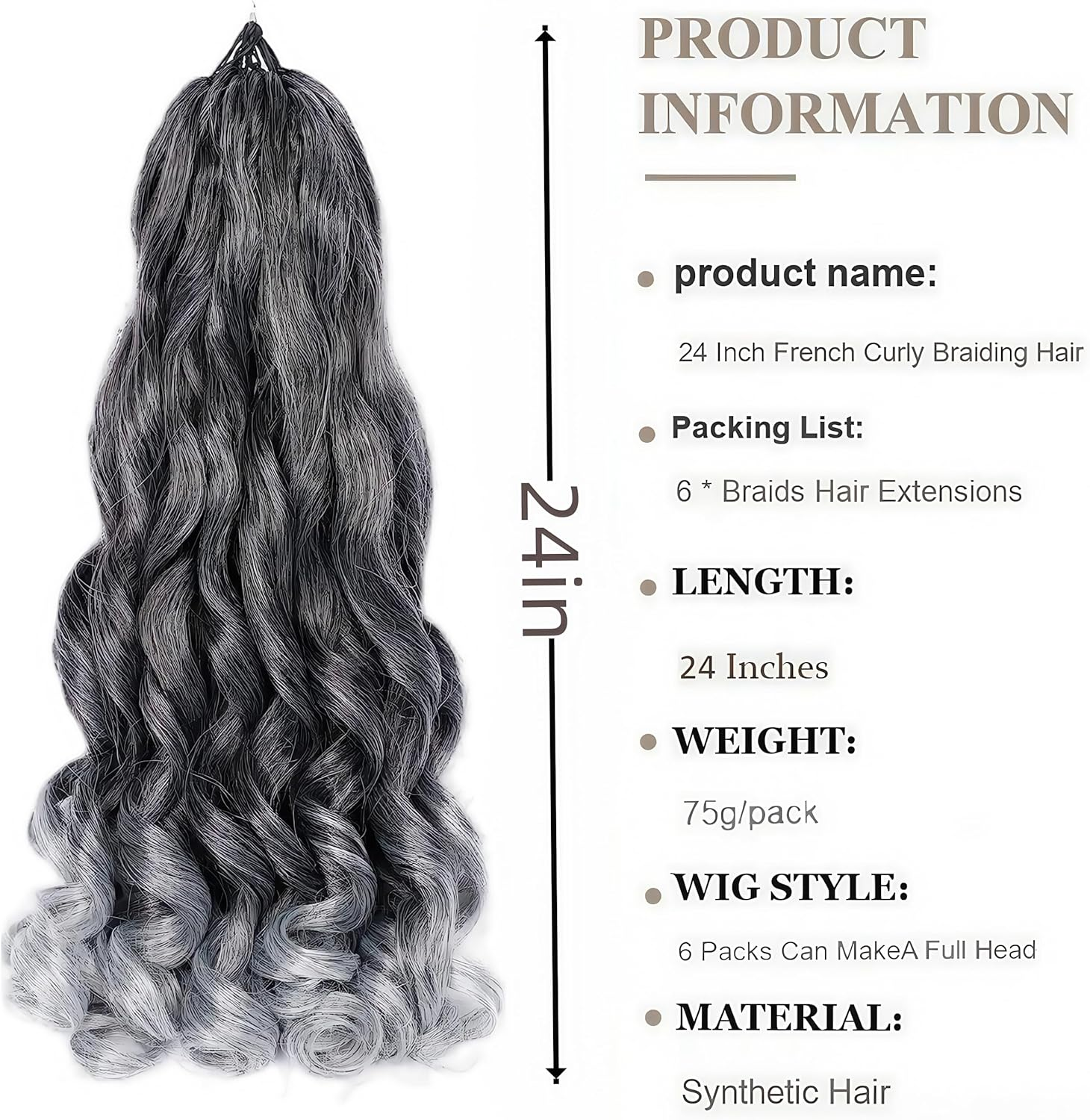 French Curl Braiding Hair 24 Inch Pre Stretched Loose Wave Bouncy Braiding Hair 6 Packs Spanish Curl Braiding Hair Extensions(Tgray)