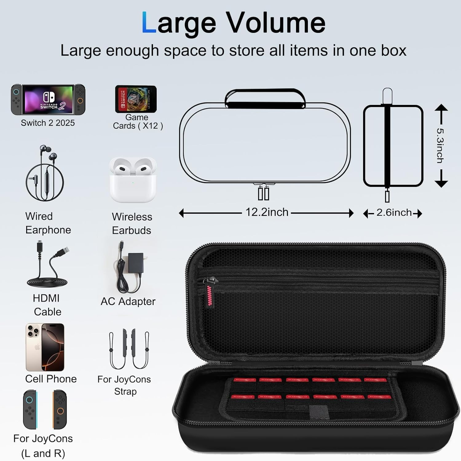 [Longest Durable] Travel Carrying Case for Nintendo Switch 2 2025, Large Volume Accessories Bundle Holder, Hard Protective Cover Estuche Funda, Black image number 3